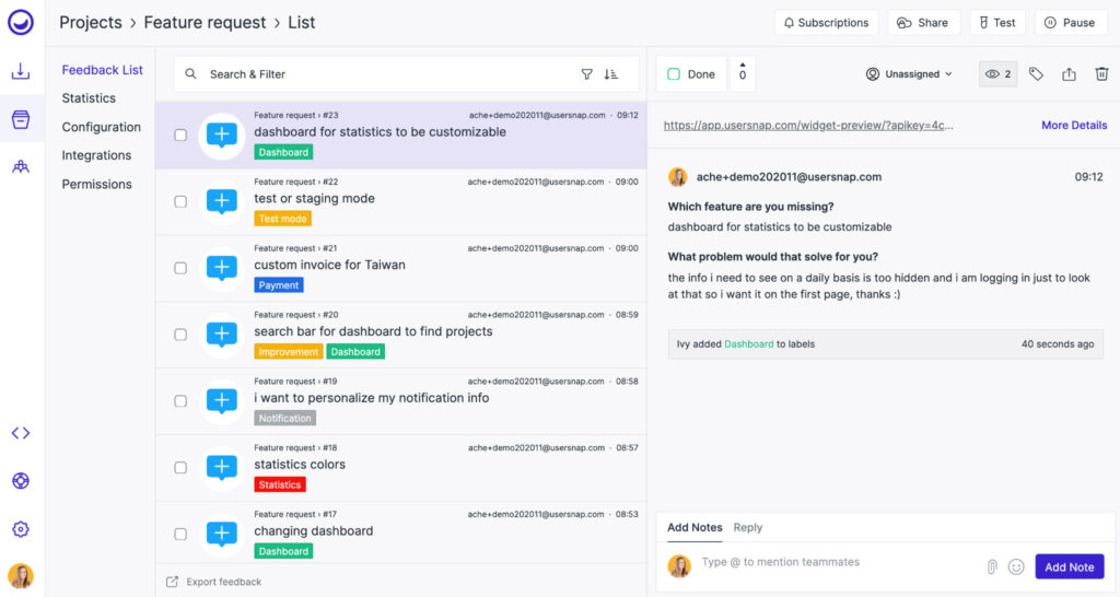 usersnap dashboard