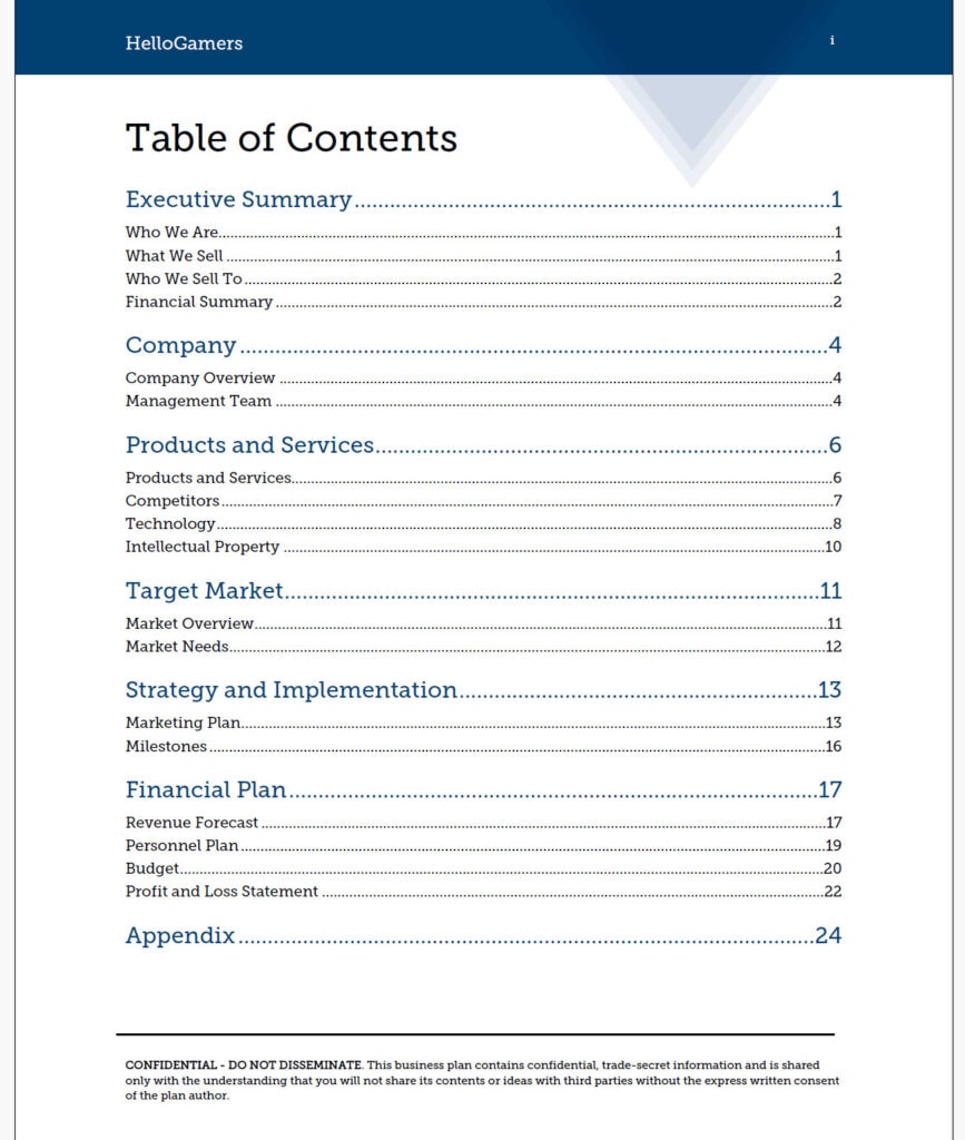 Hellogamers business plan table of contents