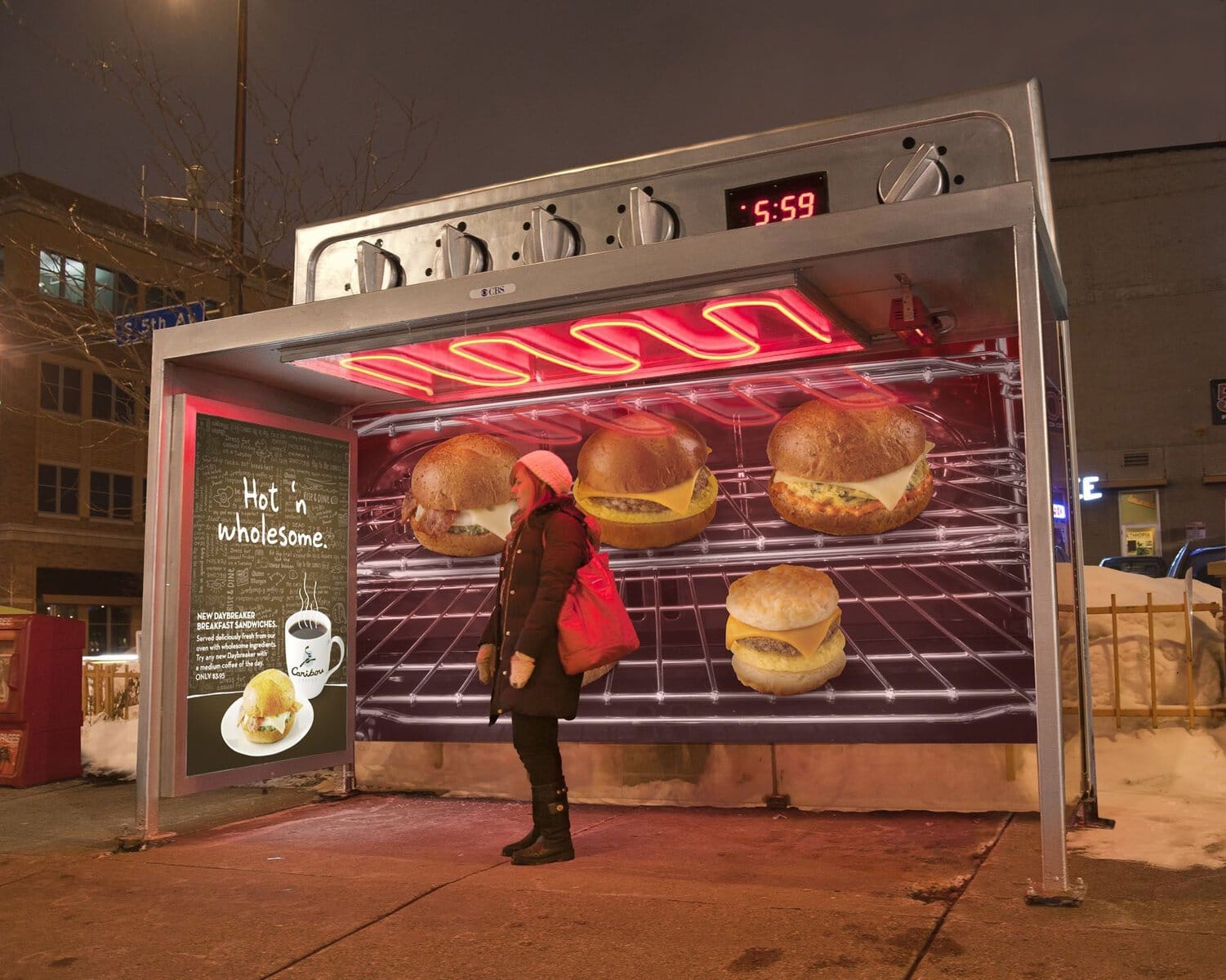 Bus shelter transformed into an oversized oven advertising breakfast sandwiches