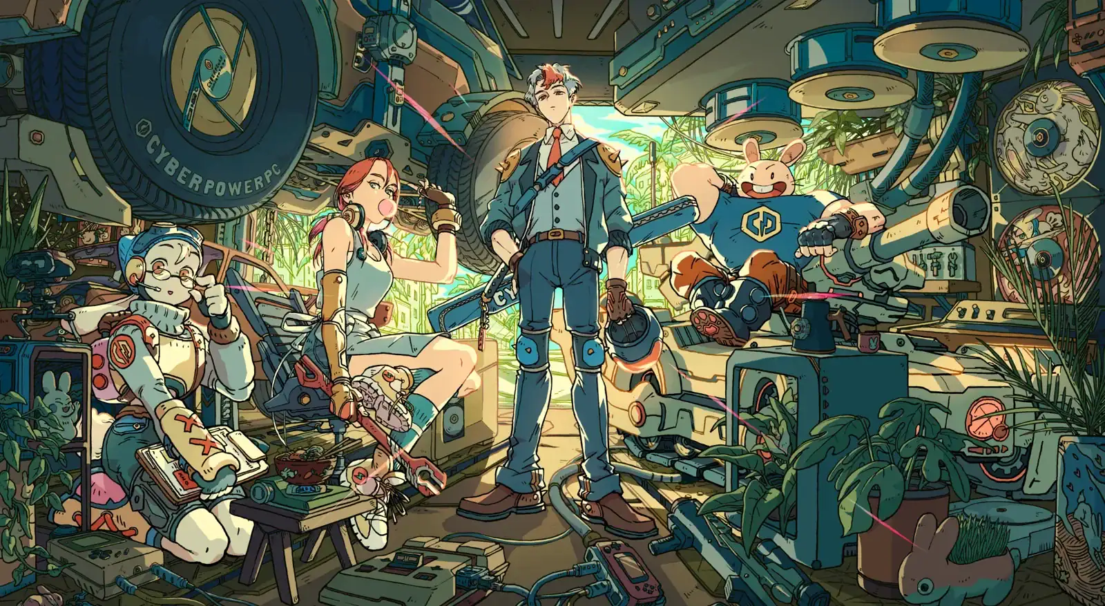 The CP Crew cast in its illustrated workshop world, with CyberPowerPC details integrated throughout.