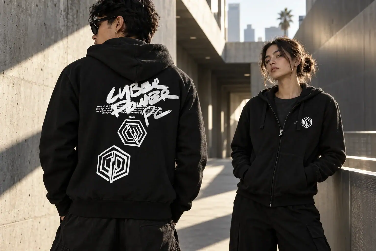 CyberPowerPC apparel artwork in an editorial streetwear visualization.