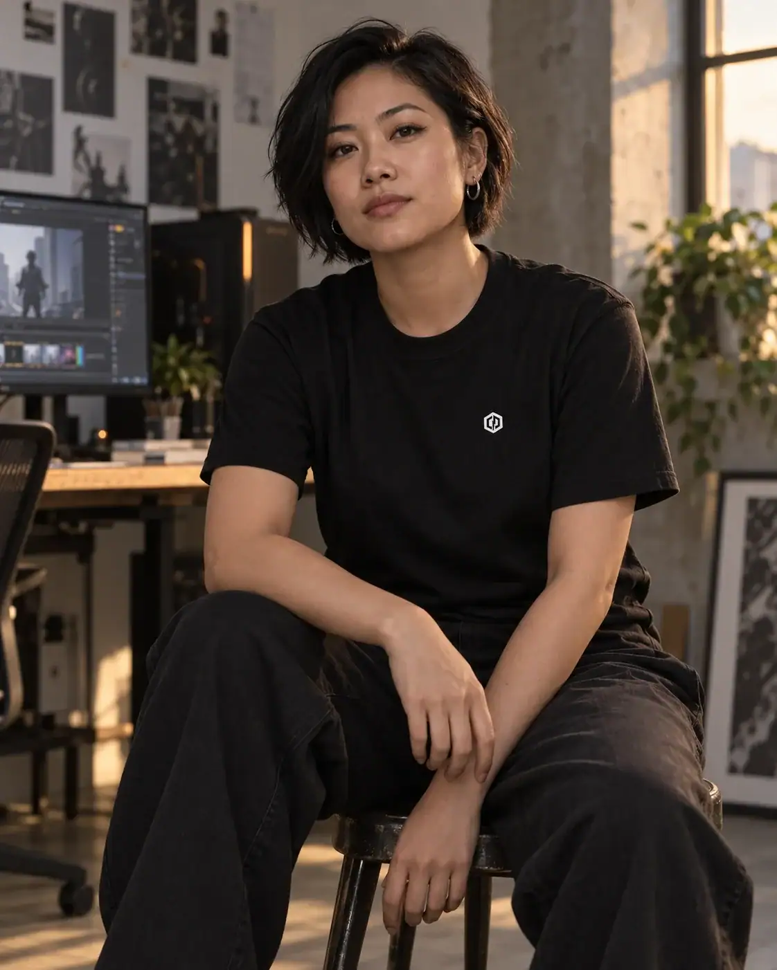 Editorial visualization of a creative gamer wearing the original black CyberPowerPC T-shirt in a studio.