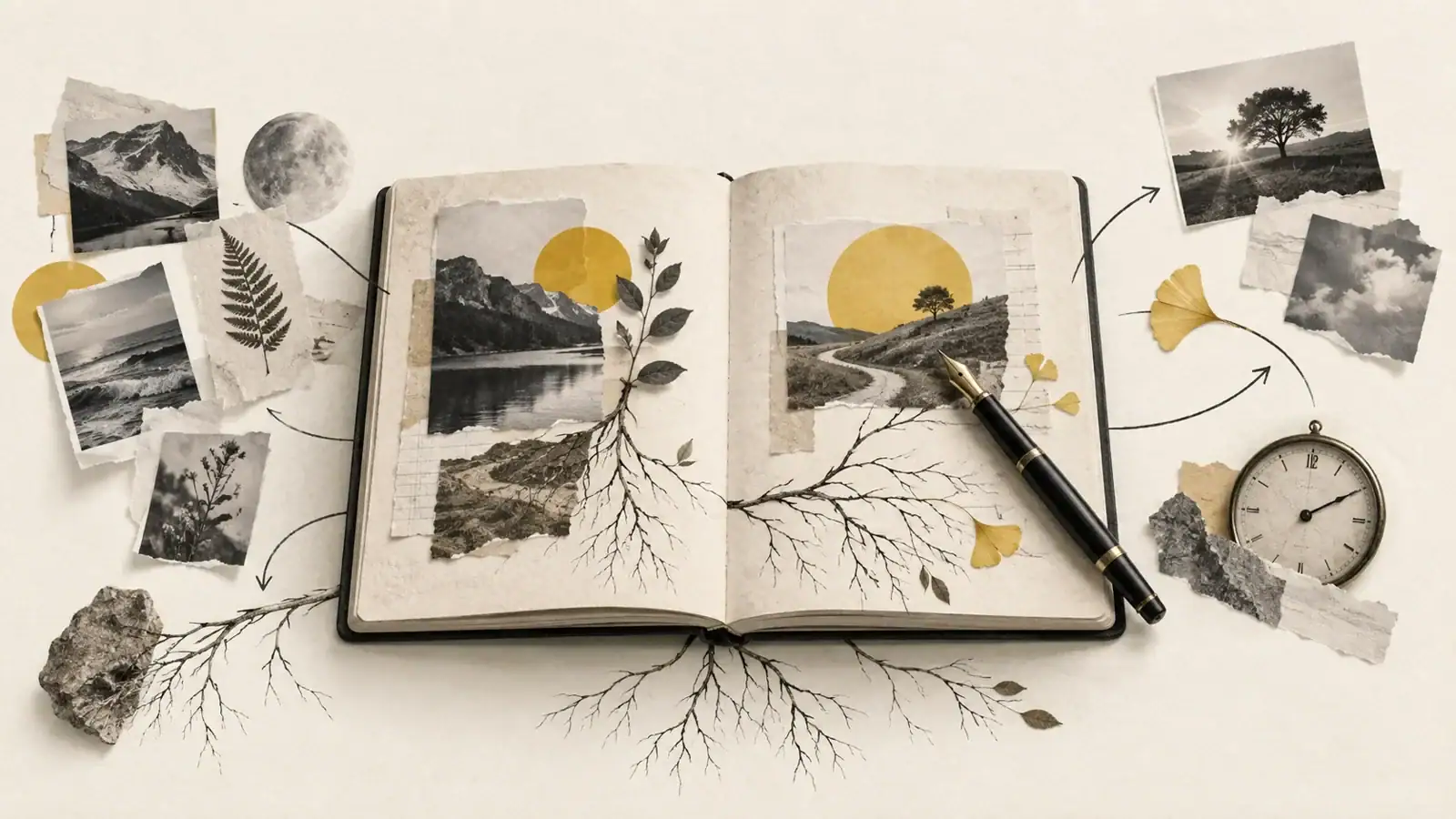 An open notebook with photographs, roots and a clock representing an evolving record of memory
