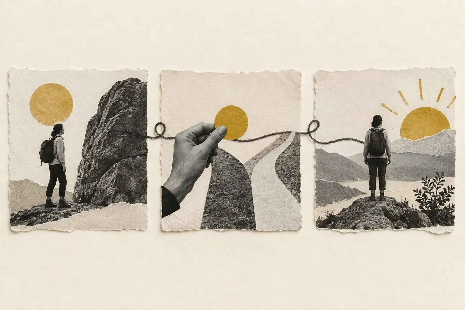 Three connected paper panels showing an obstacle, a choice and a changed outcome