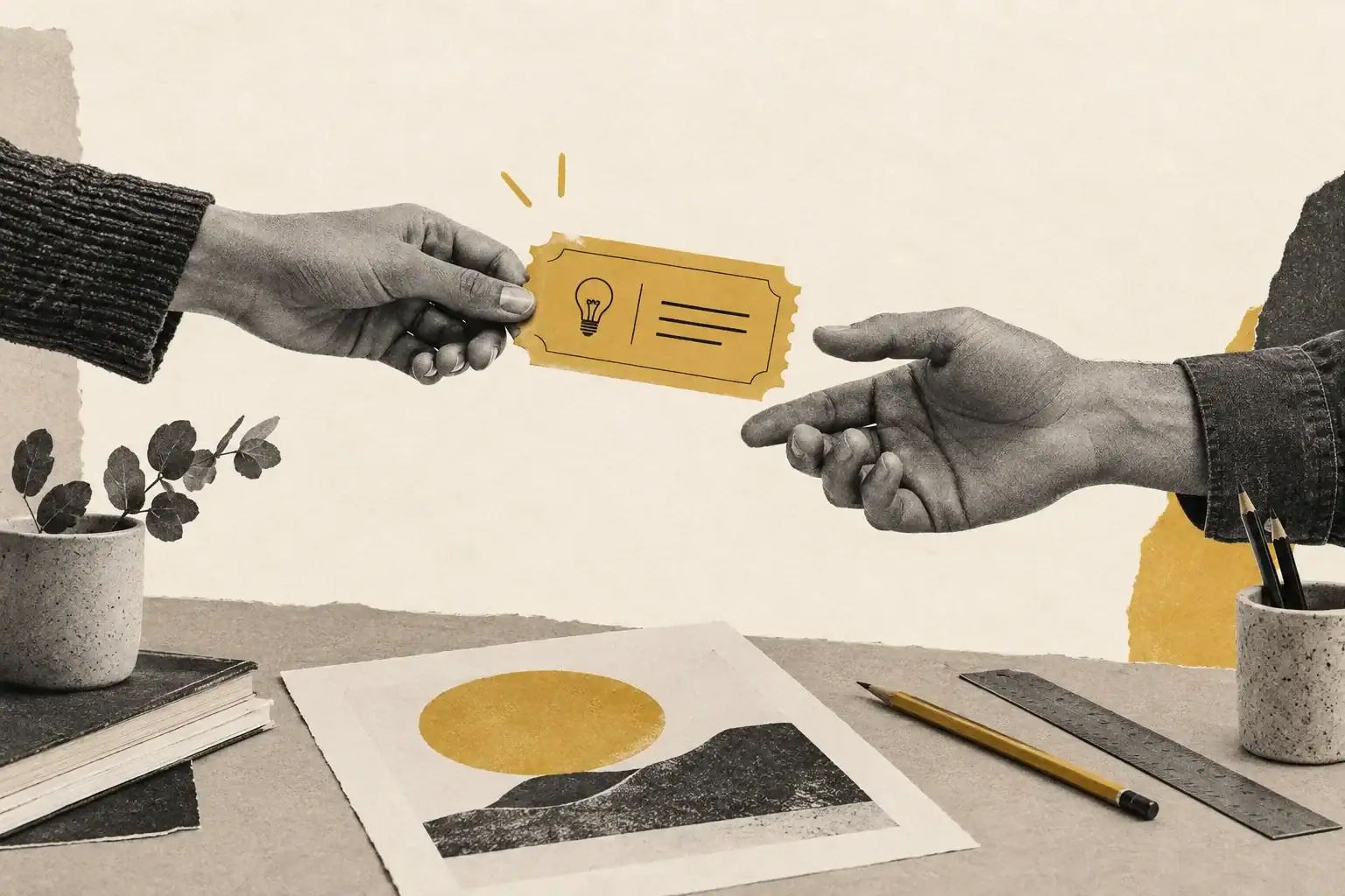 Two people exchanging a single project coupon across a creative worktable