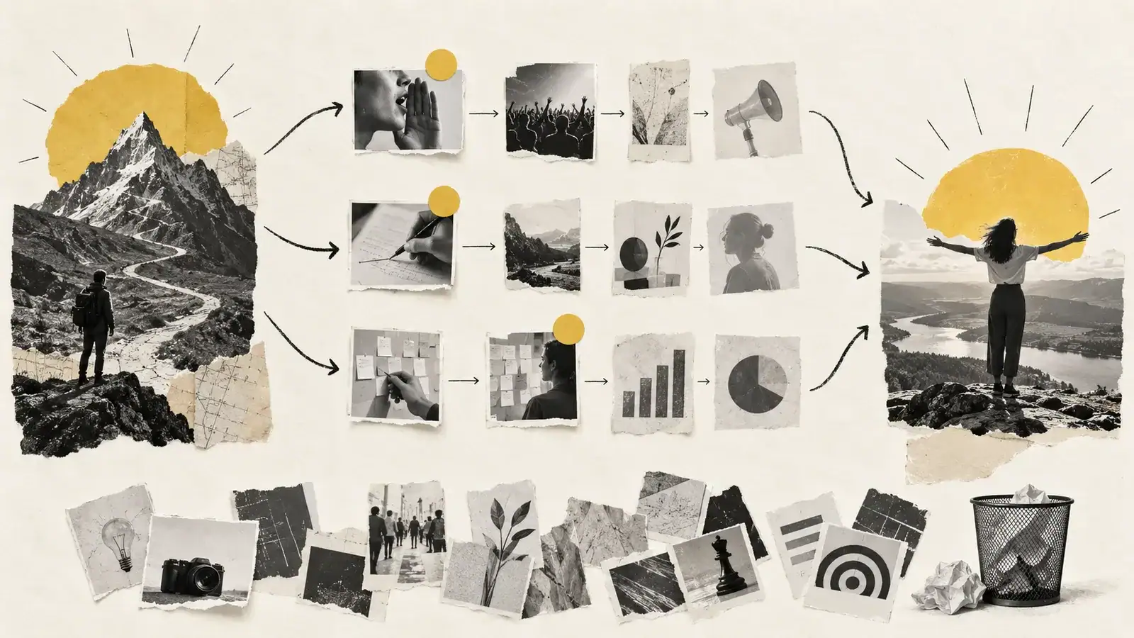 Editorial collage showing several possible initiatives narrowed into a focused path toward a measurable outcome