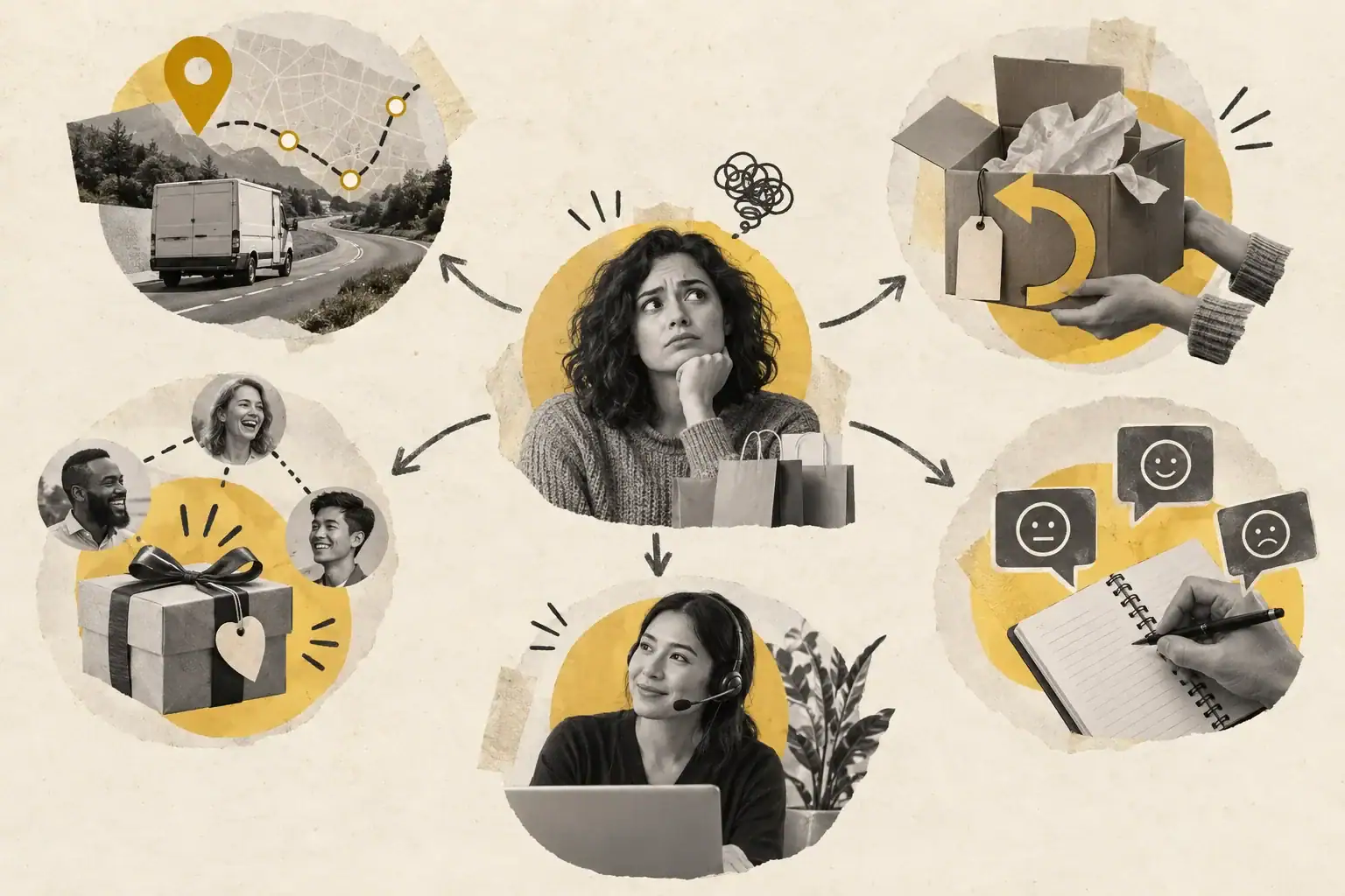 A customer problem branches into delivery, returns, loyalty, support and feedback workflows