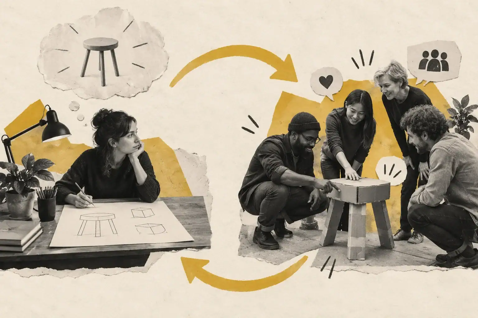 A designer's plan connects to a group testing a rough physical prototype