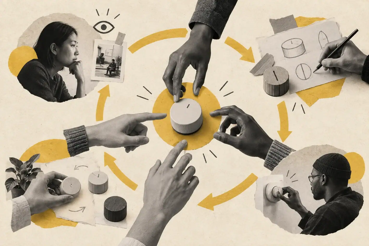Hands test a physical control through a continuous cycle of observation and refinement