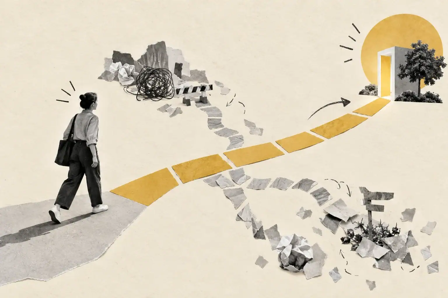 A person follows a clear mustard path while cluttered alternatives fade away