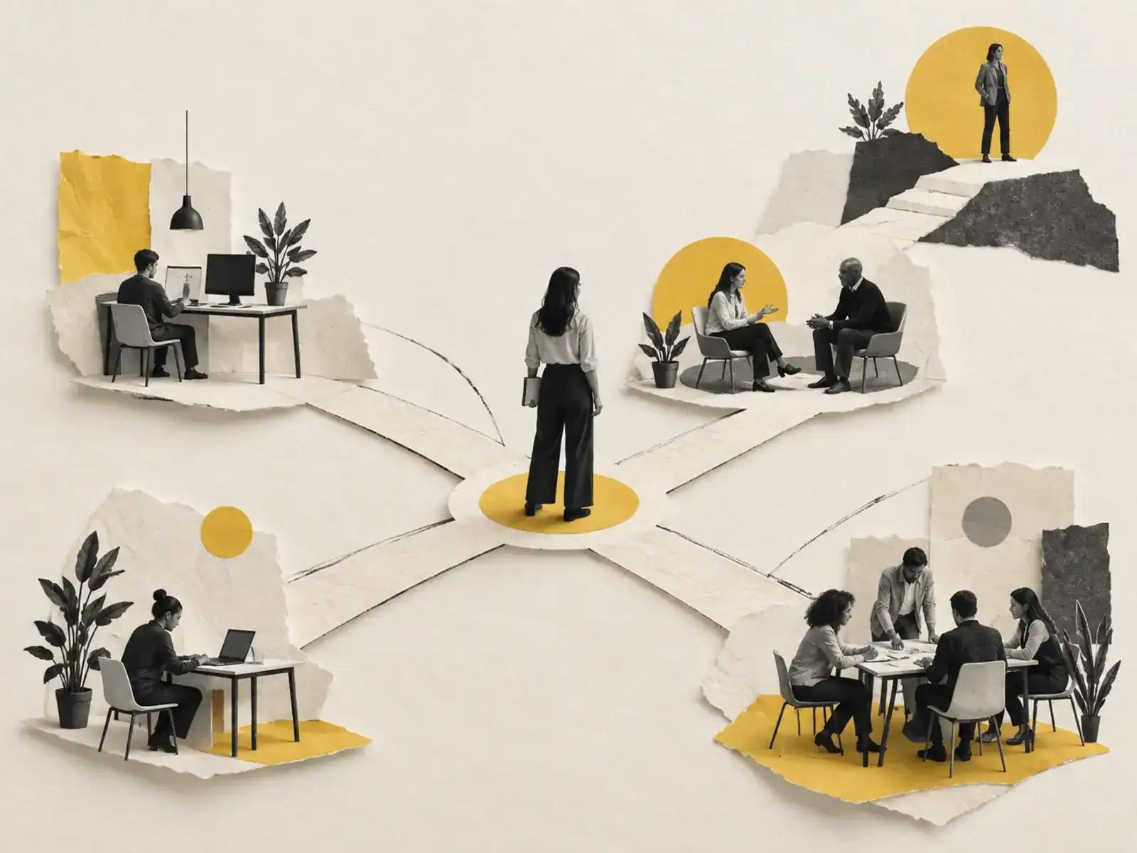 Editorial collage of several connected career paths leading through project work, mentoring, and leadership