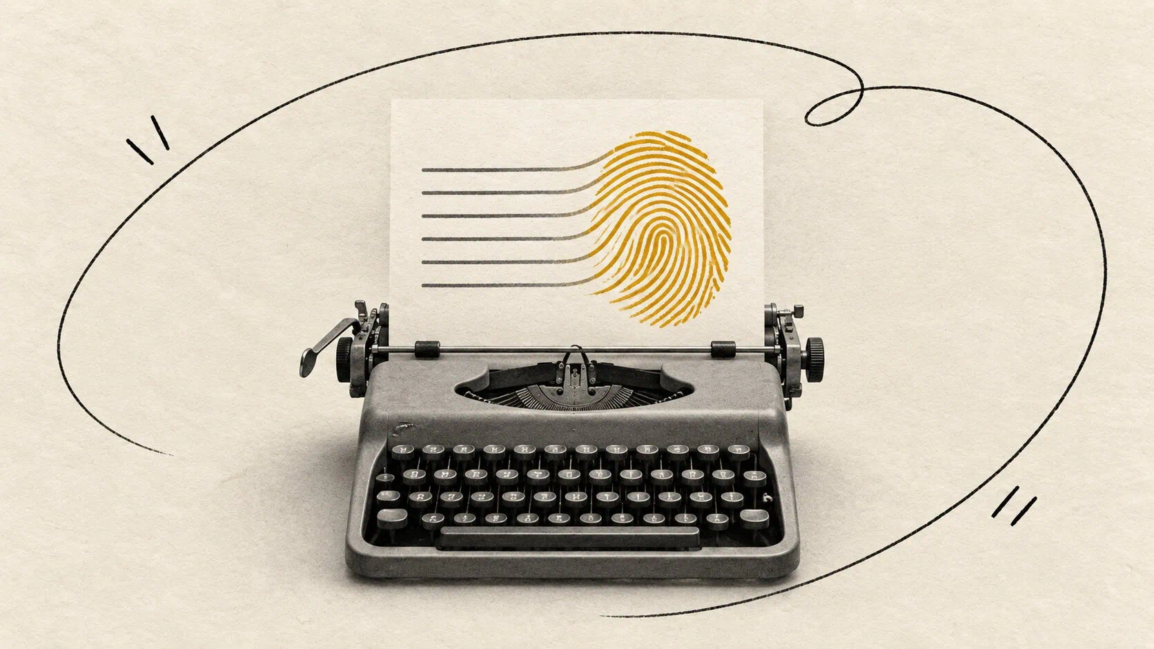 Generic lines on a typewriter page transform into a mustard fingerprint.