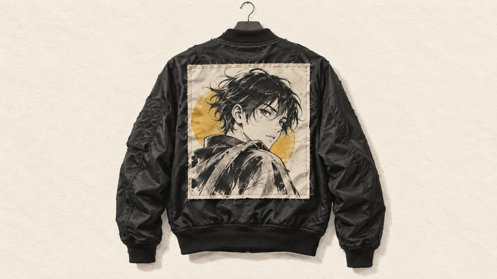 Mixed-media illustration of a black bomber jacket with an anime portrait patch and mustard accent on ivory paper