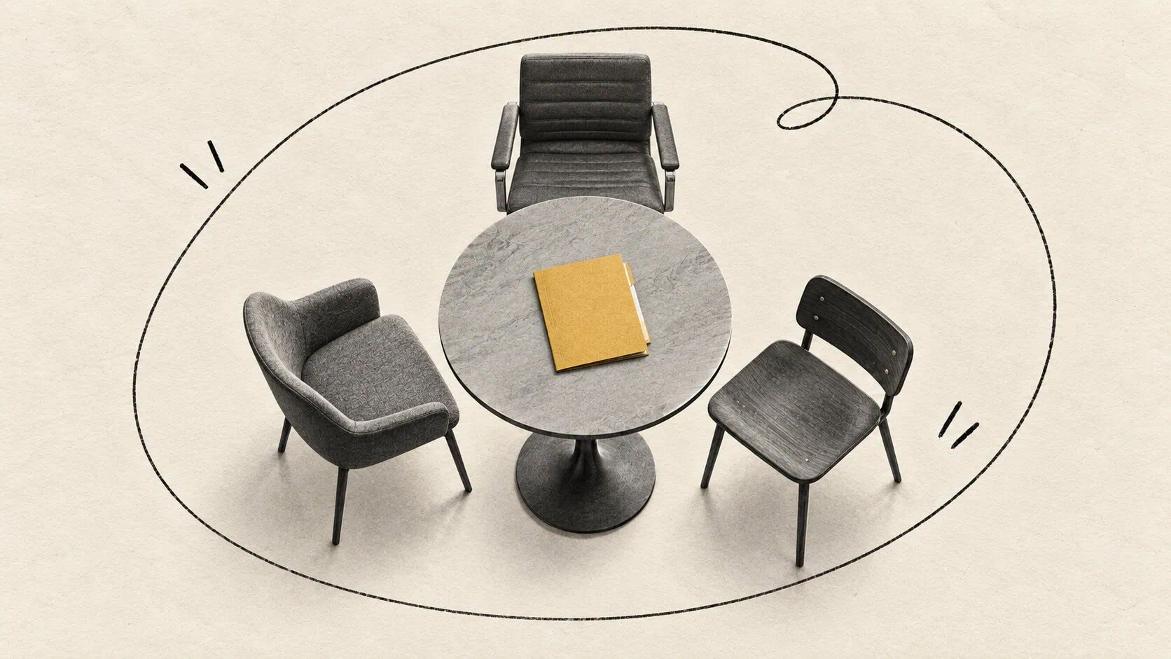 Three different chairs gather around a table with one mustard decision brief at the center.