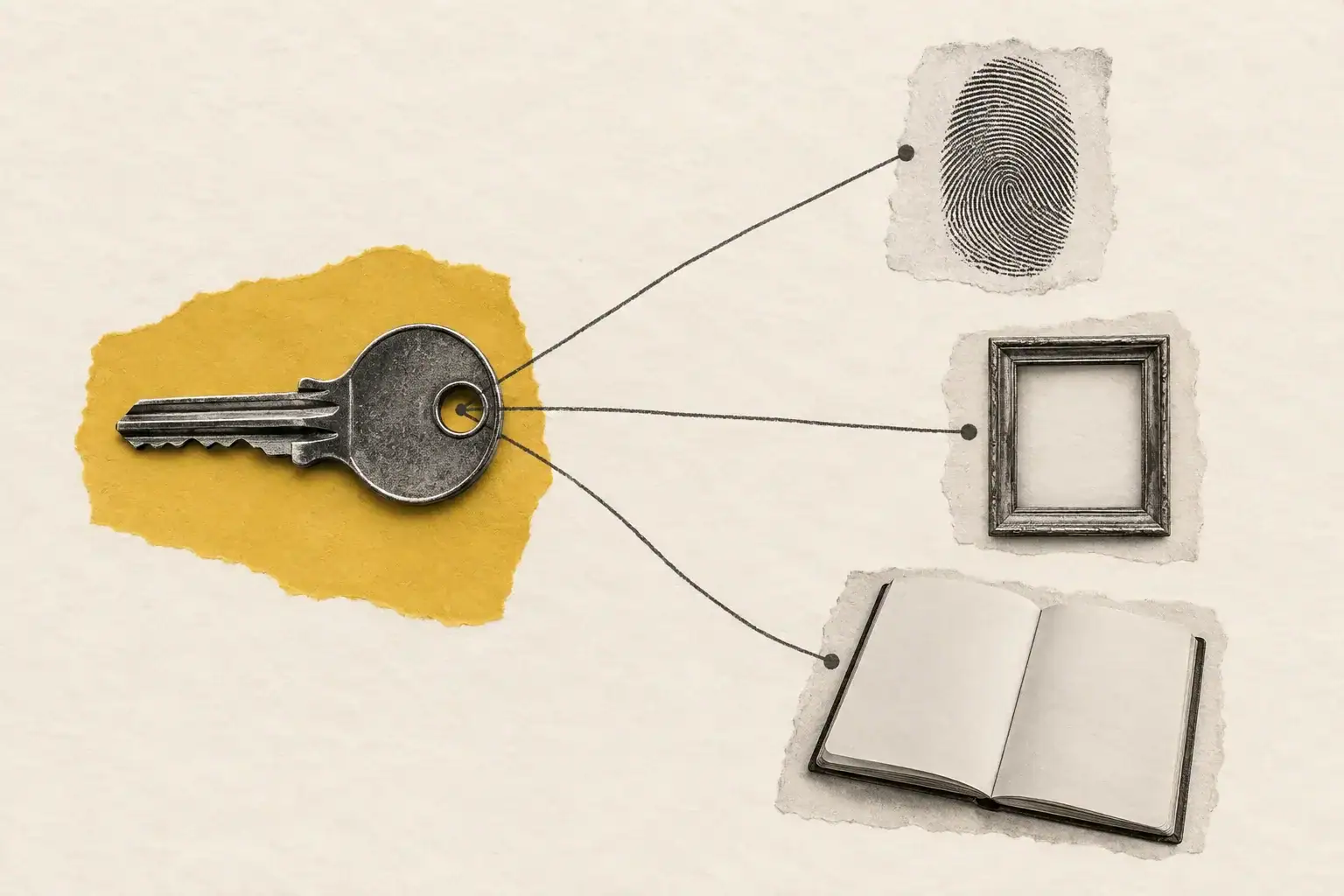 A metal key on mustard paper connects to a fingerprint, an empty frame, and a notebook on ivory paper.