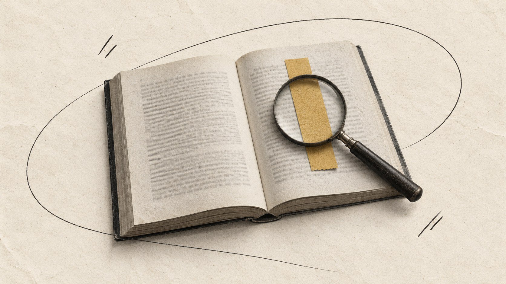 Open book with a magnifying glass over a mustard bookmark, surrounded by loose black doodles on ivory paper.