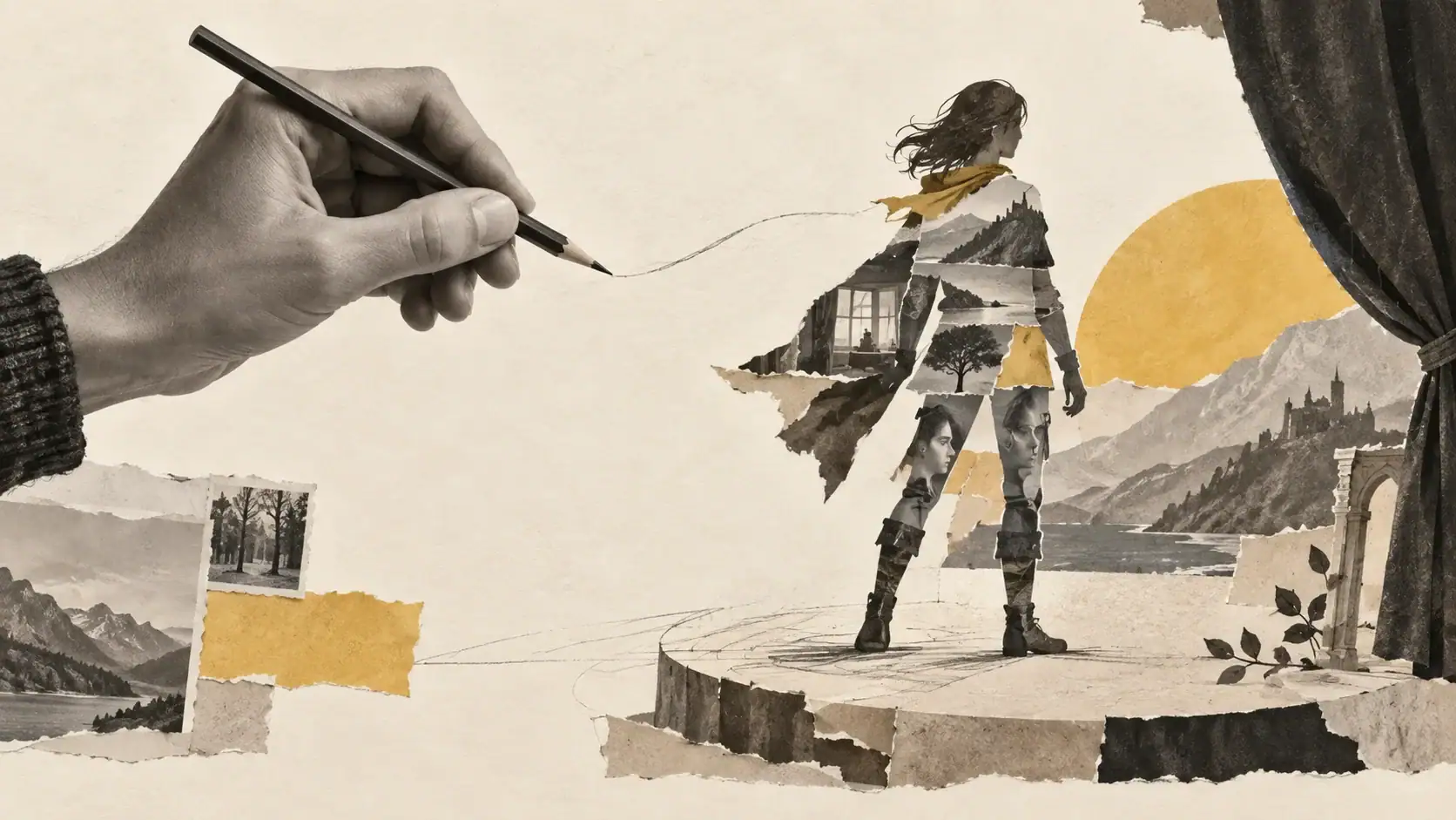 A hand draws a fictional character assembled from fragments of remembered places and people