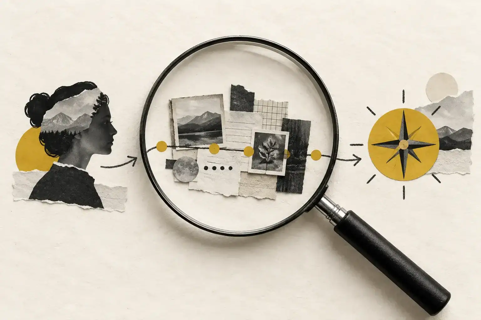 Editorial collage of a person, source materials and a compass connected beneath a magnifying glass