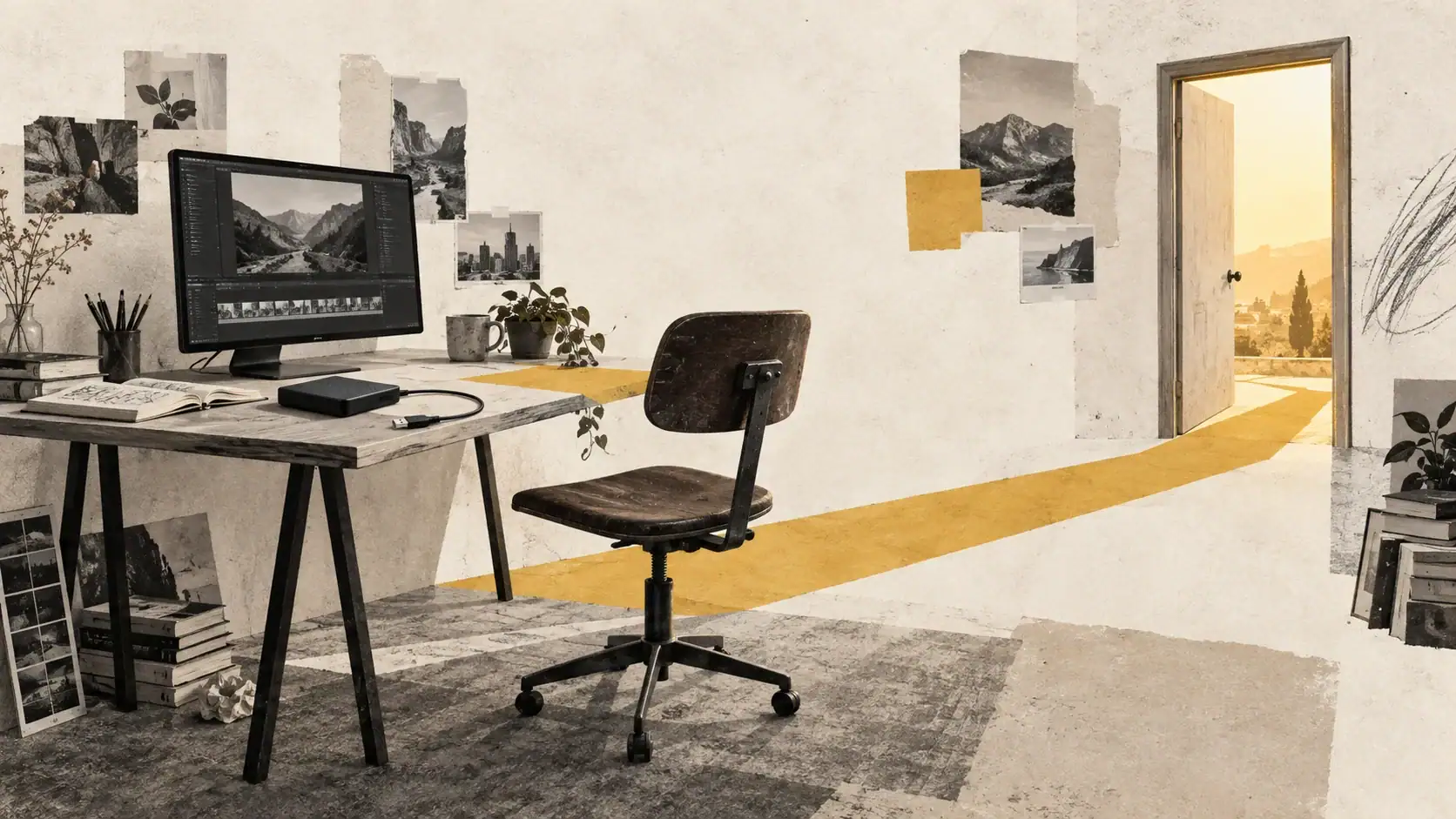 An empty editing chair and disconnected drive beside a path leading out of the studio