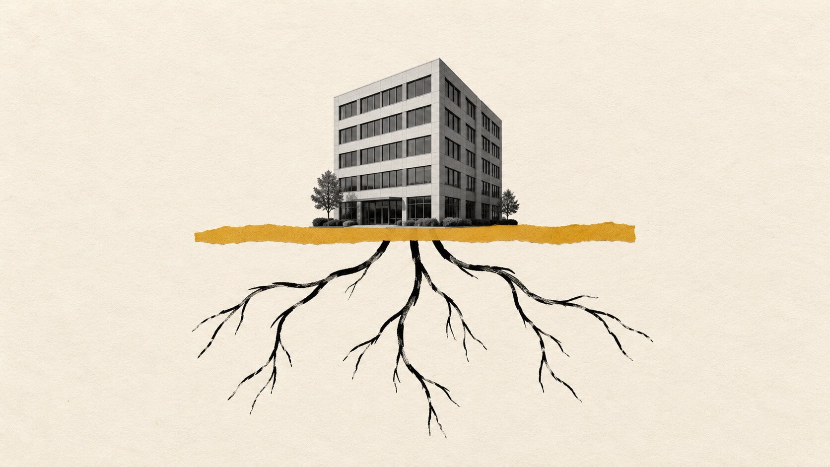 Hand-drawn black roots spread beneath a monochrome office building and a mustard ground line.