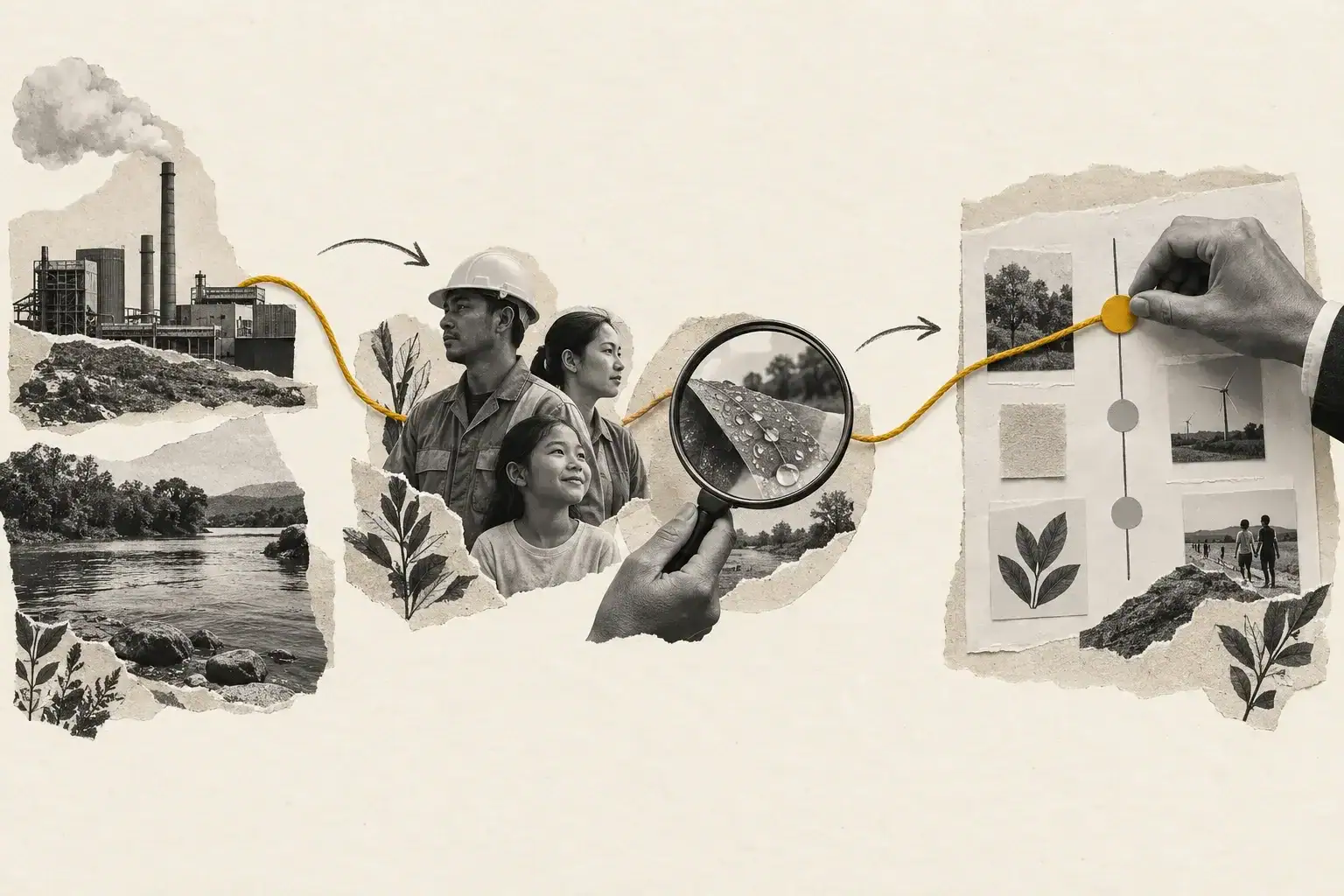 Collage showing environmental and social evidence flowing into a responsible business decision