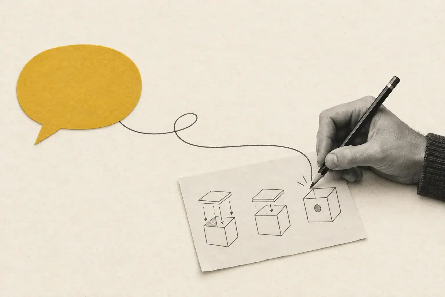 A yellow speech bubble connected by a drawn line to a hand revising product instructions.