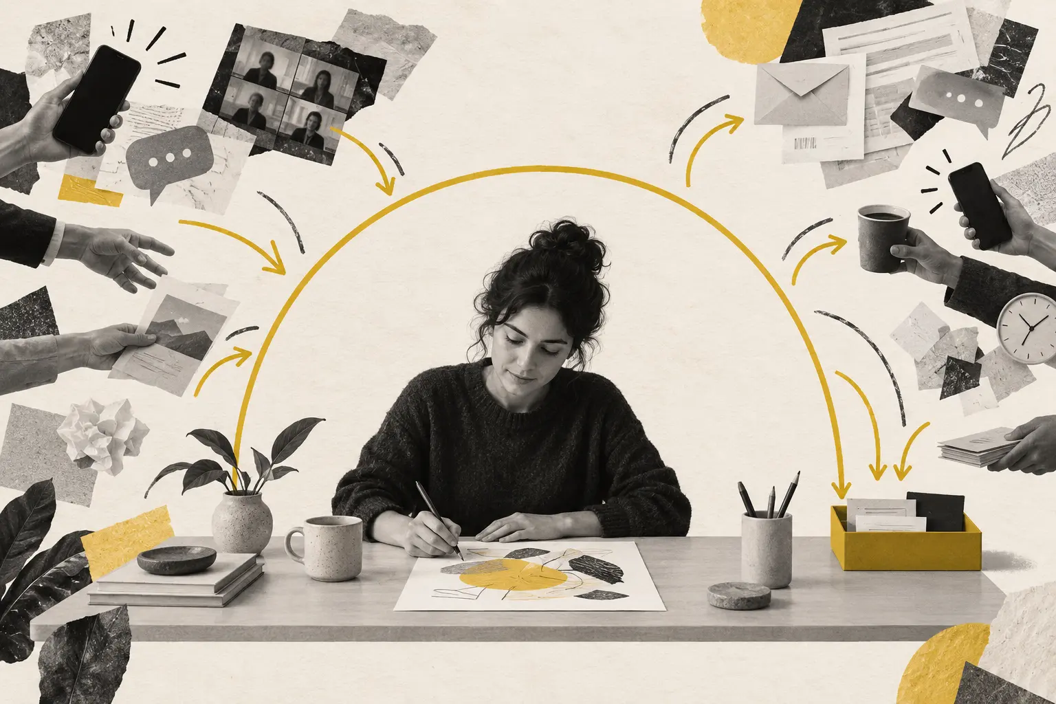 Collage showing distractions redirected away from a focused creative task into a scheduled tray