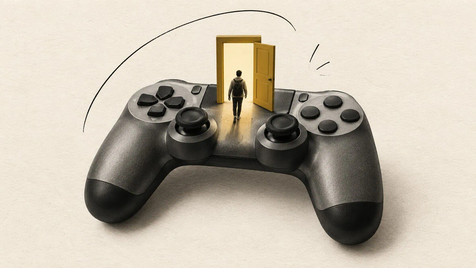 A person walks across a game controller toward an open mustard doorway.