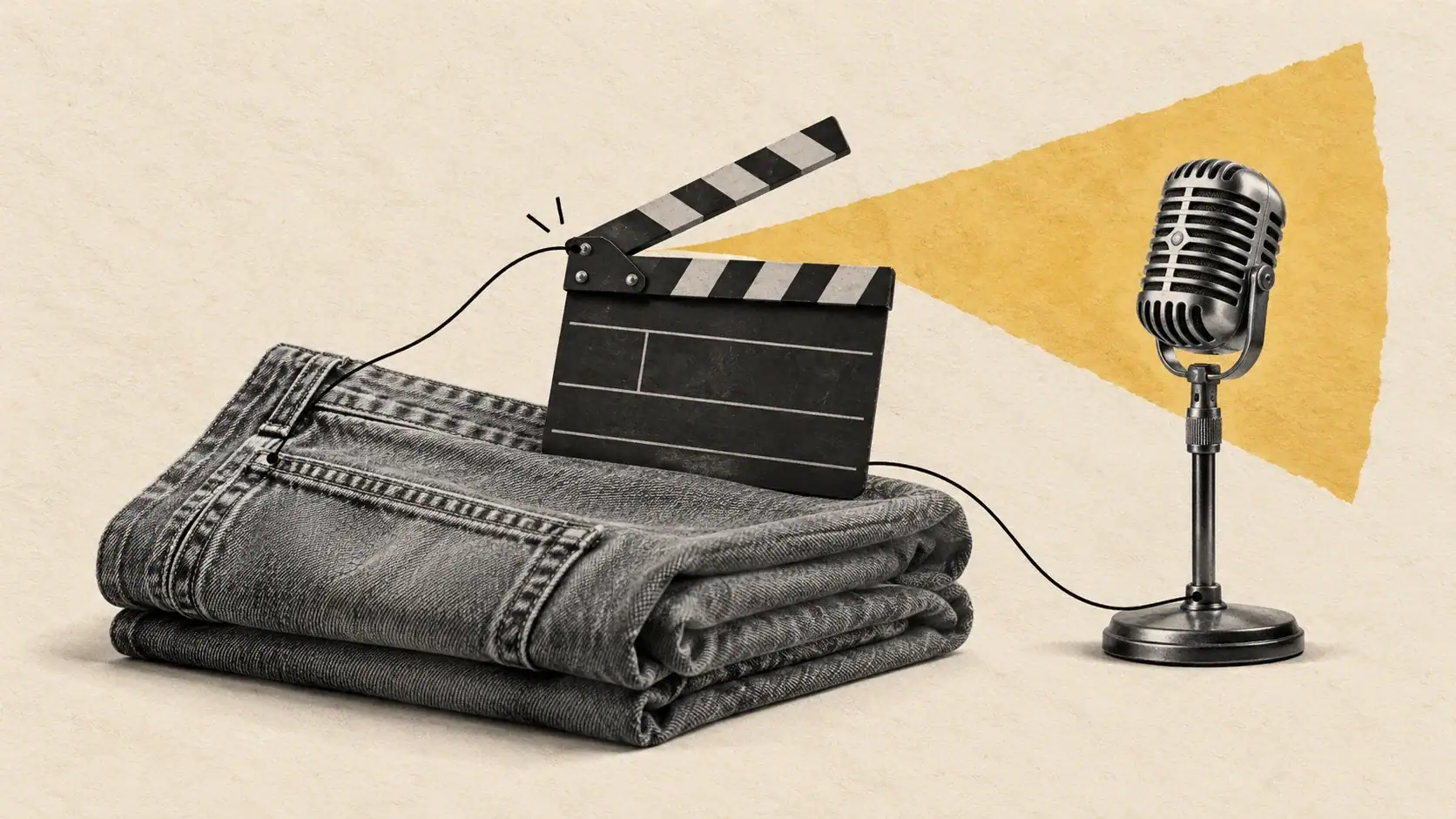 Editorial collage of folded denim, a film clapperboard and a microphone connected by thin black lines and a mustard spotlight.