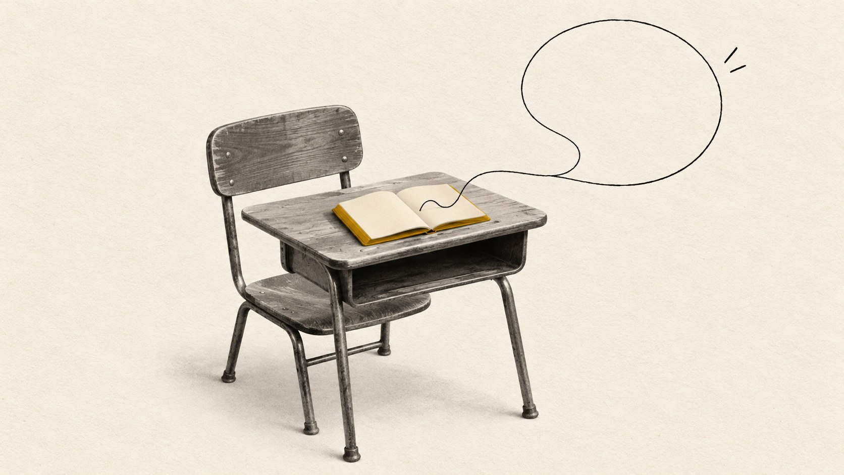 Monochrome school desk with a mustard notebook and a black doodle wandering beyond its pages