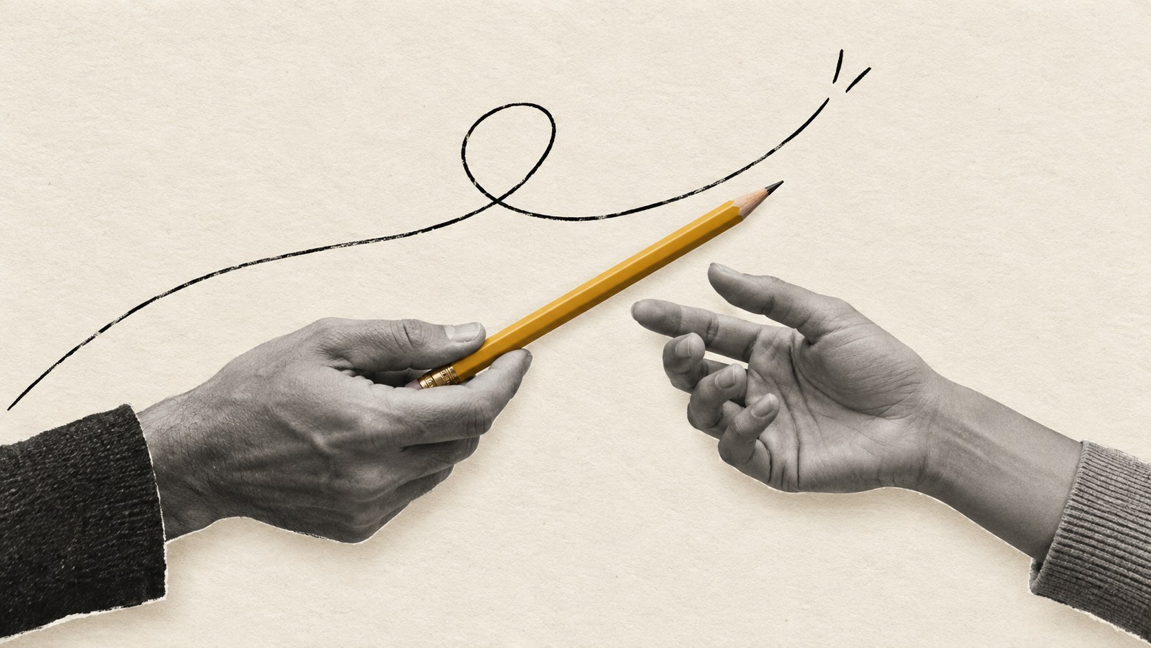 Monochrome hands passing a mustard pencil beneath a loose looping black doodle