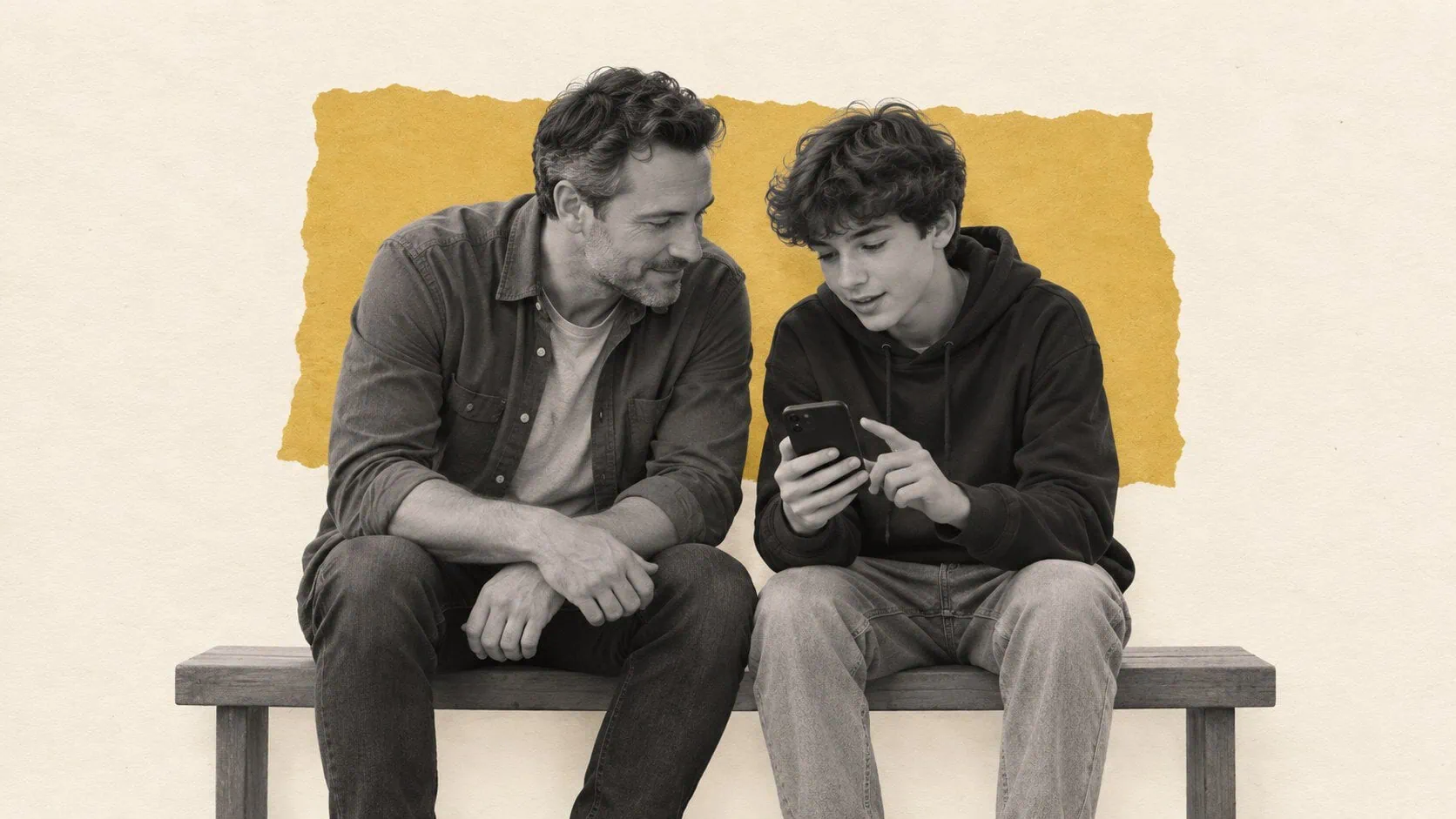 Editorial collage of a fictional parent listening as a teenager shares something on a phone, against ivory and mustard paper.