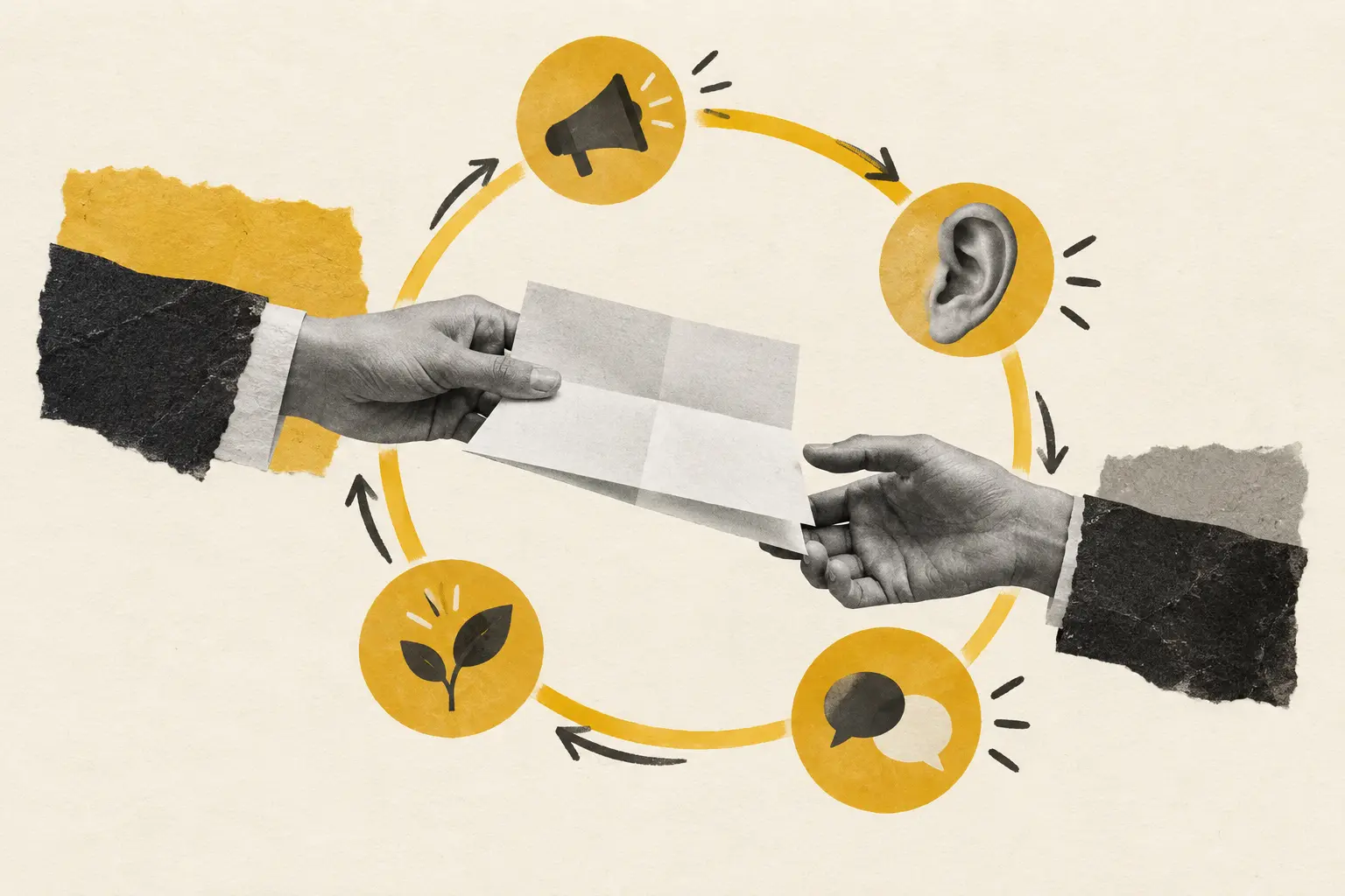 Two hands exchanging a brief inside a loop of speaking, listening, dialogue, and improvement