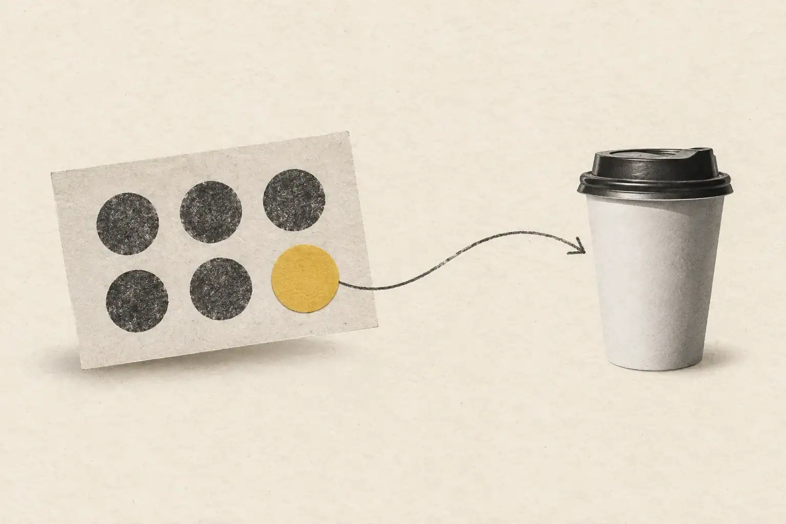 A stamp card with one yellow reward circle connected to a takeaway cup.