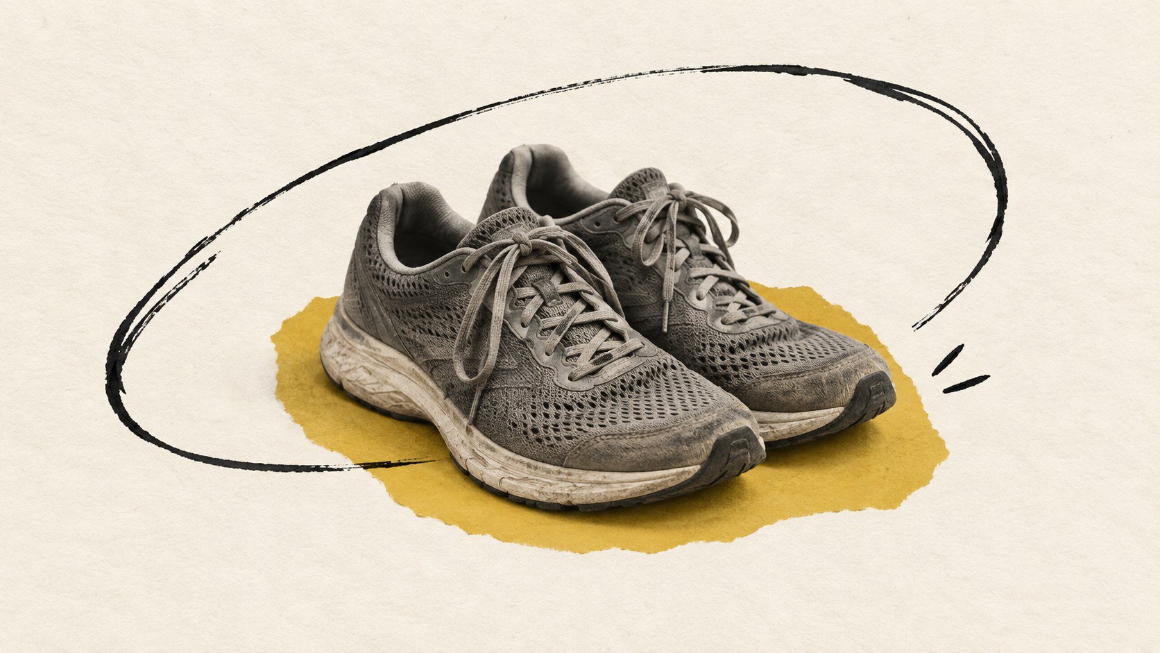 Monochrome running shoes on mustard paper surrounded by a loose black hand-drawn loop