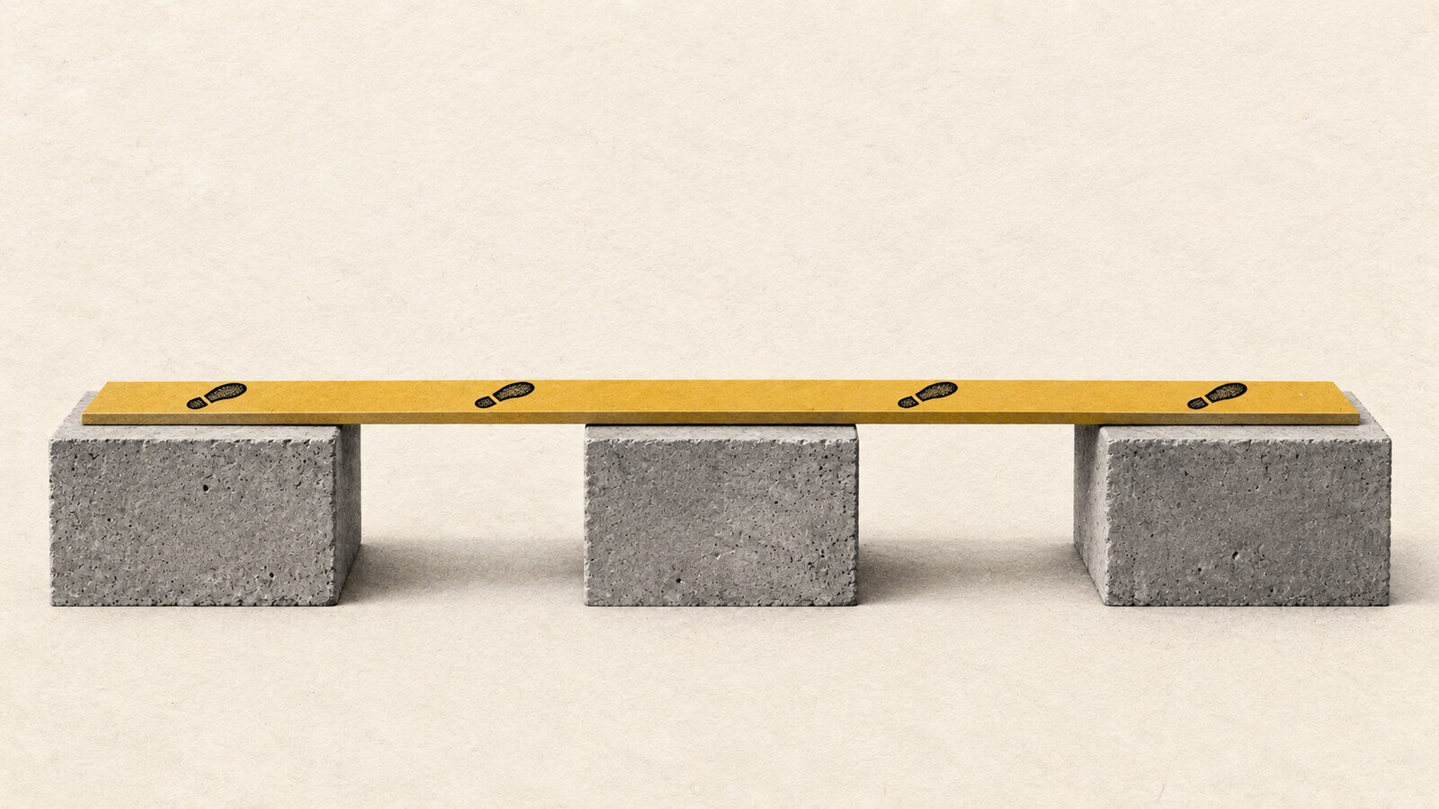 Mustard walkway connecting three separate platforms as customer footprints cross the gaps