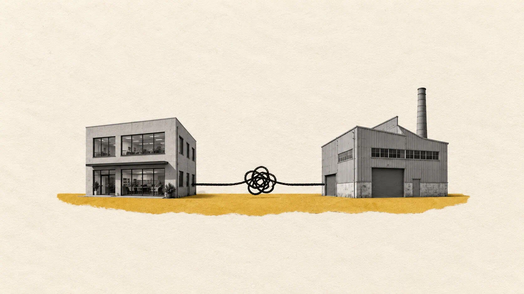 A knotted hand-drawn workflow line connects a nearby office and factory on a shared mustard base.