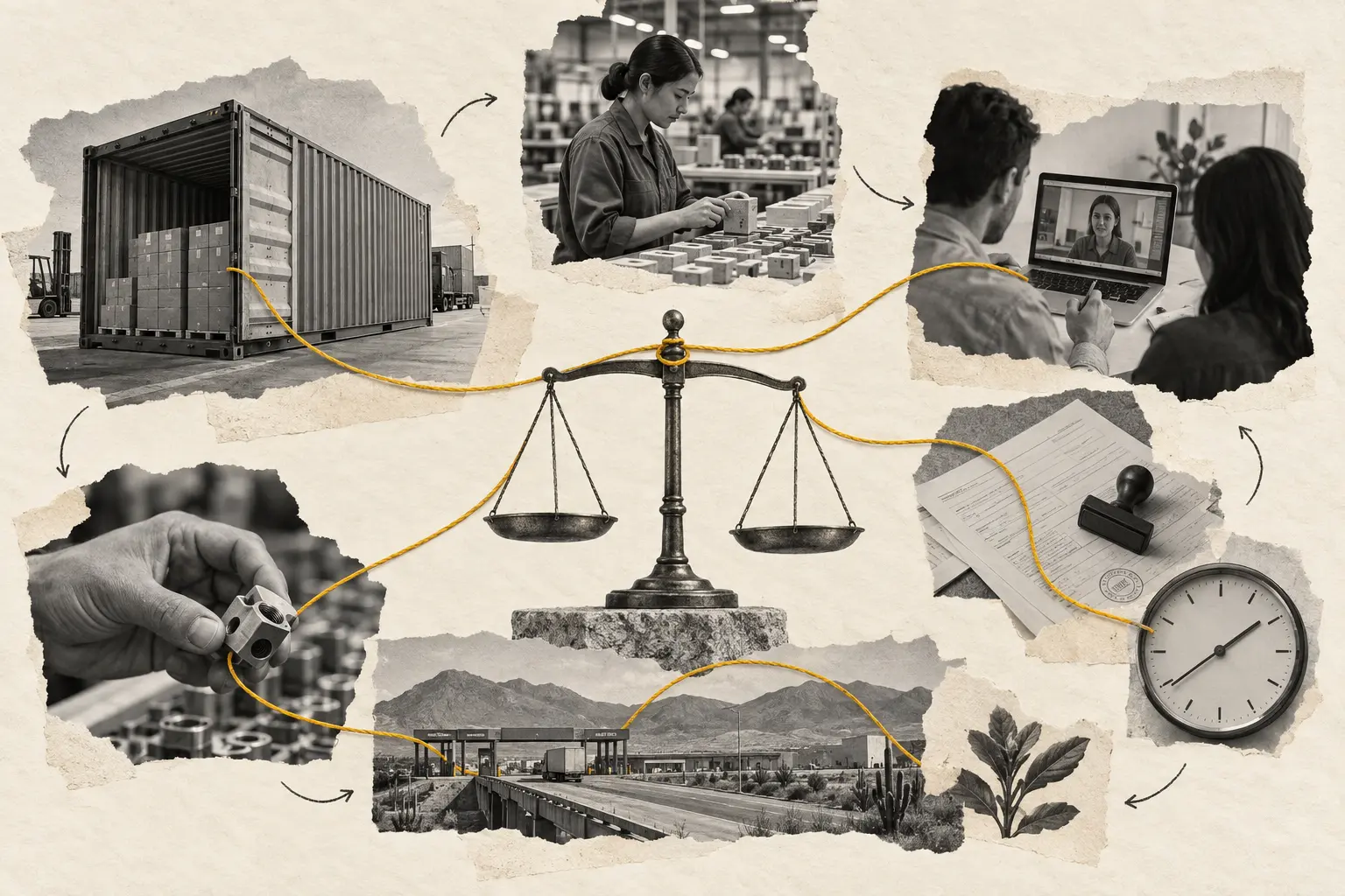 Collage balancing logistics, quality, collaboration, time, and border requirements