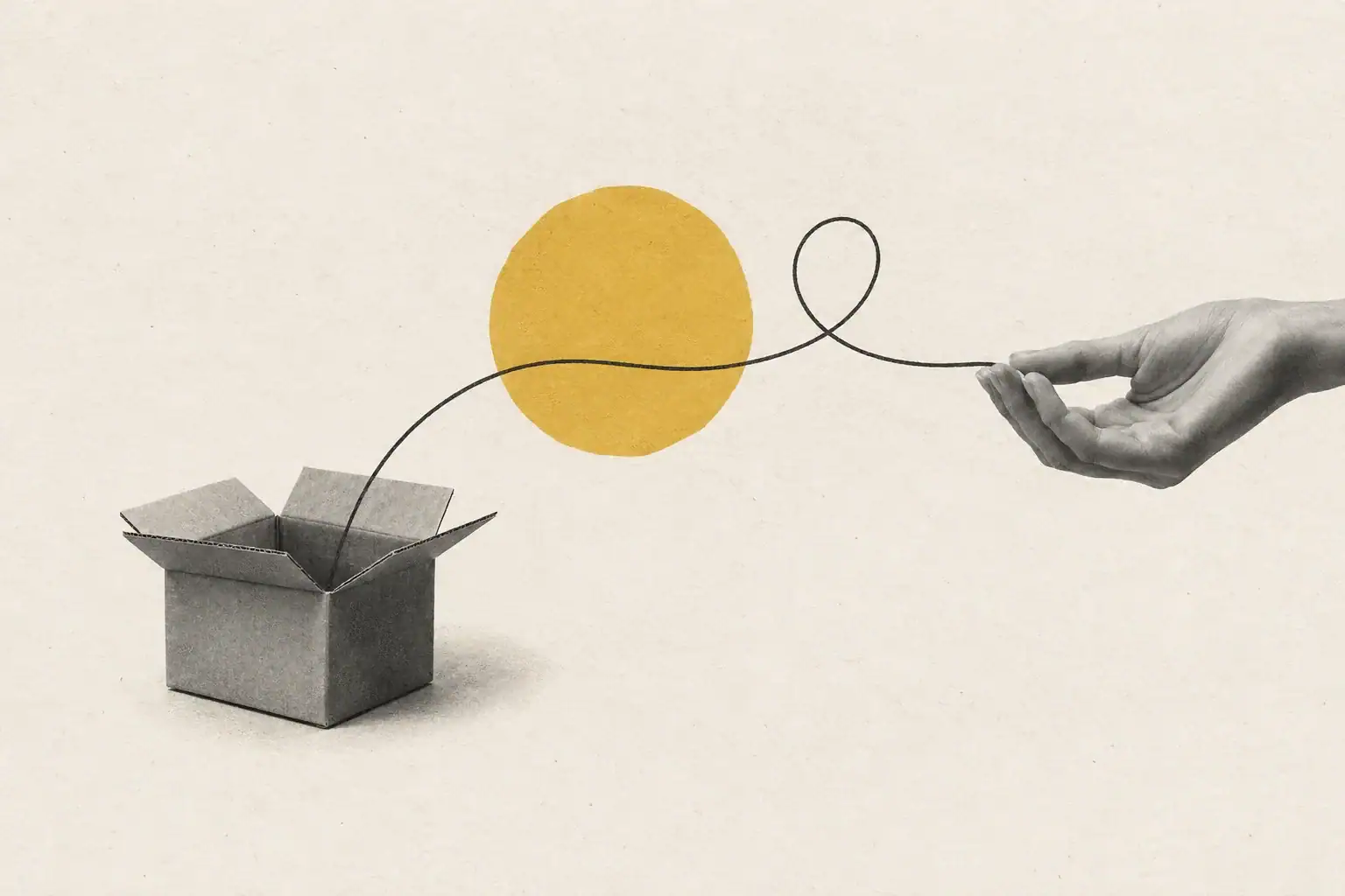 A line connects an open shipping box to an outstretched hand against a yellow circle and textured paper.