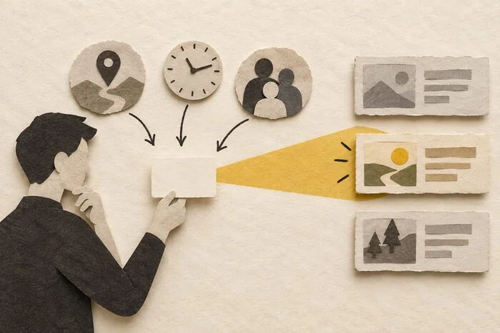 Searcher comparing a query with location, timing and audience context