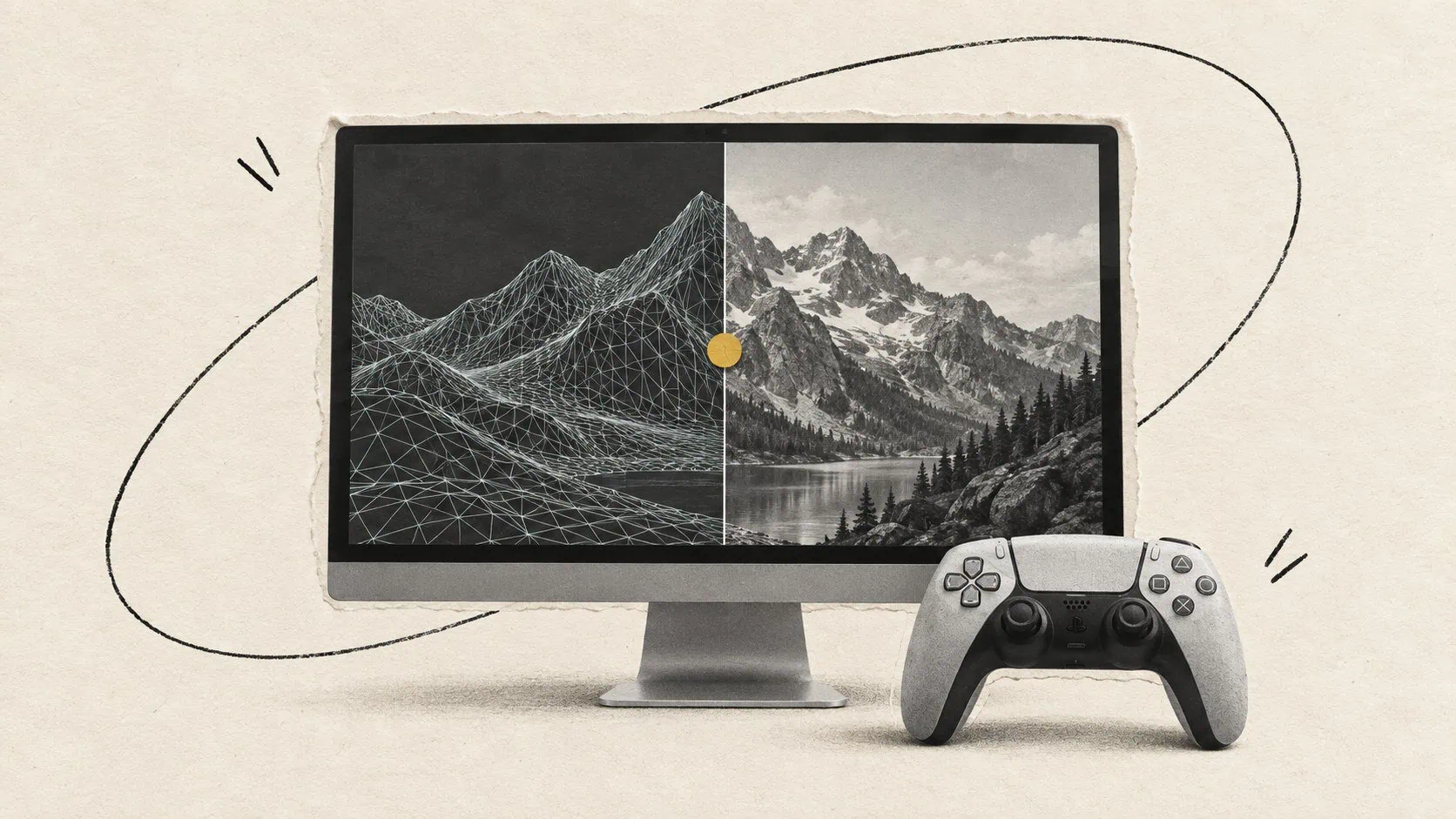 Mixed-media illustration of a split wireframe and shaded mountain scene on a monitor, with a game controller and loose black doodles.