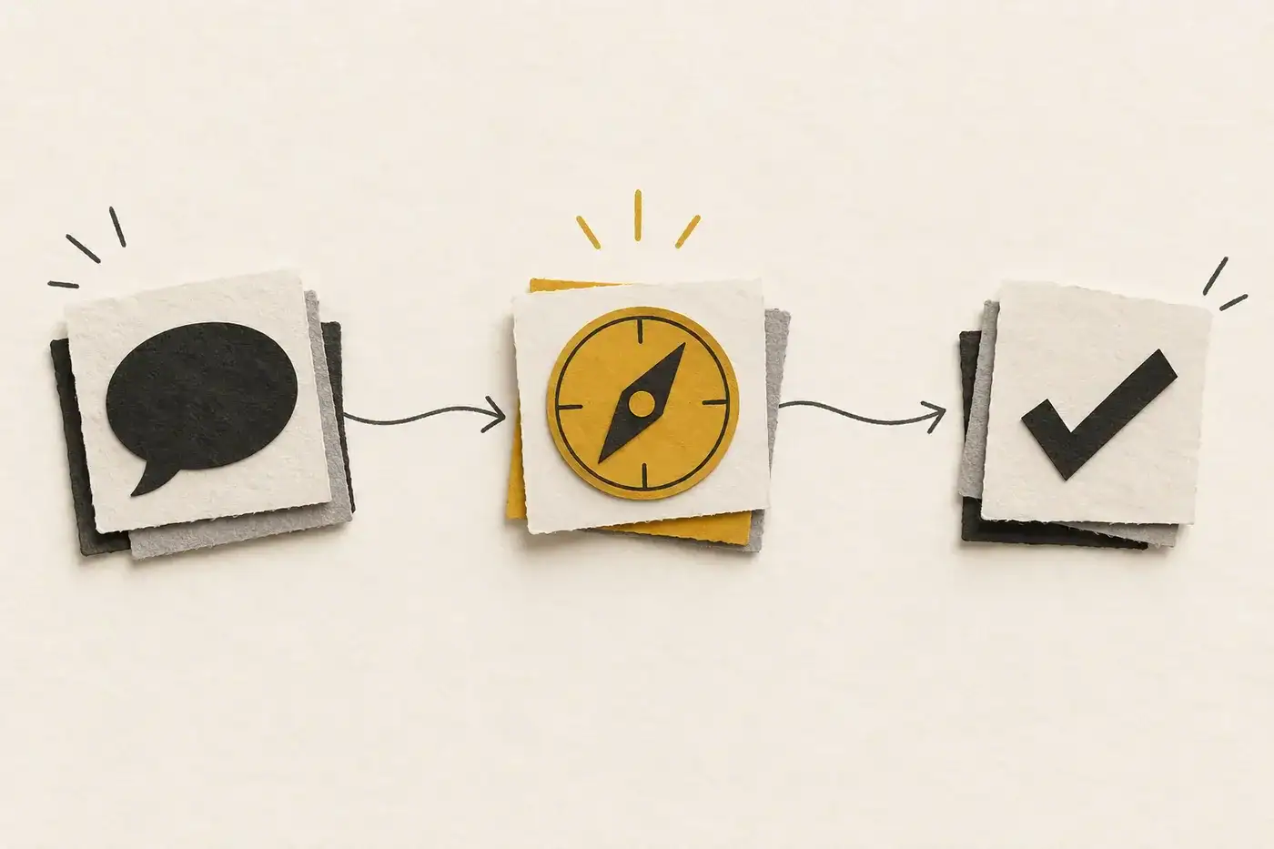 Paper-cut sequence moving from a speech bubble to a compass and check mark