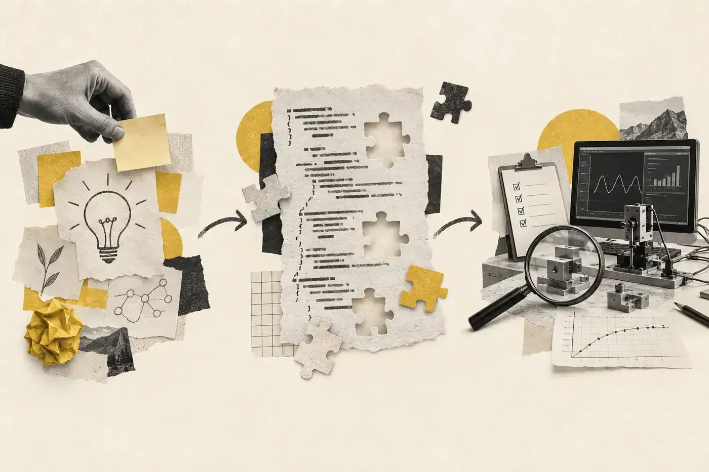 Editorial collage showing an idea becoming incomplete generated code and then a tested system