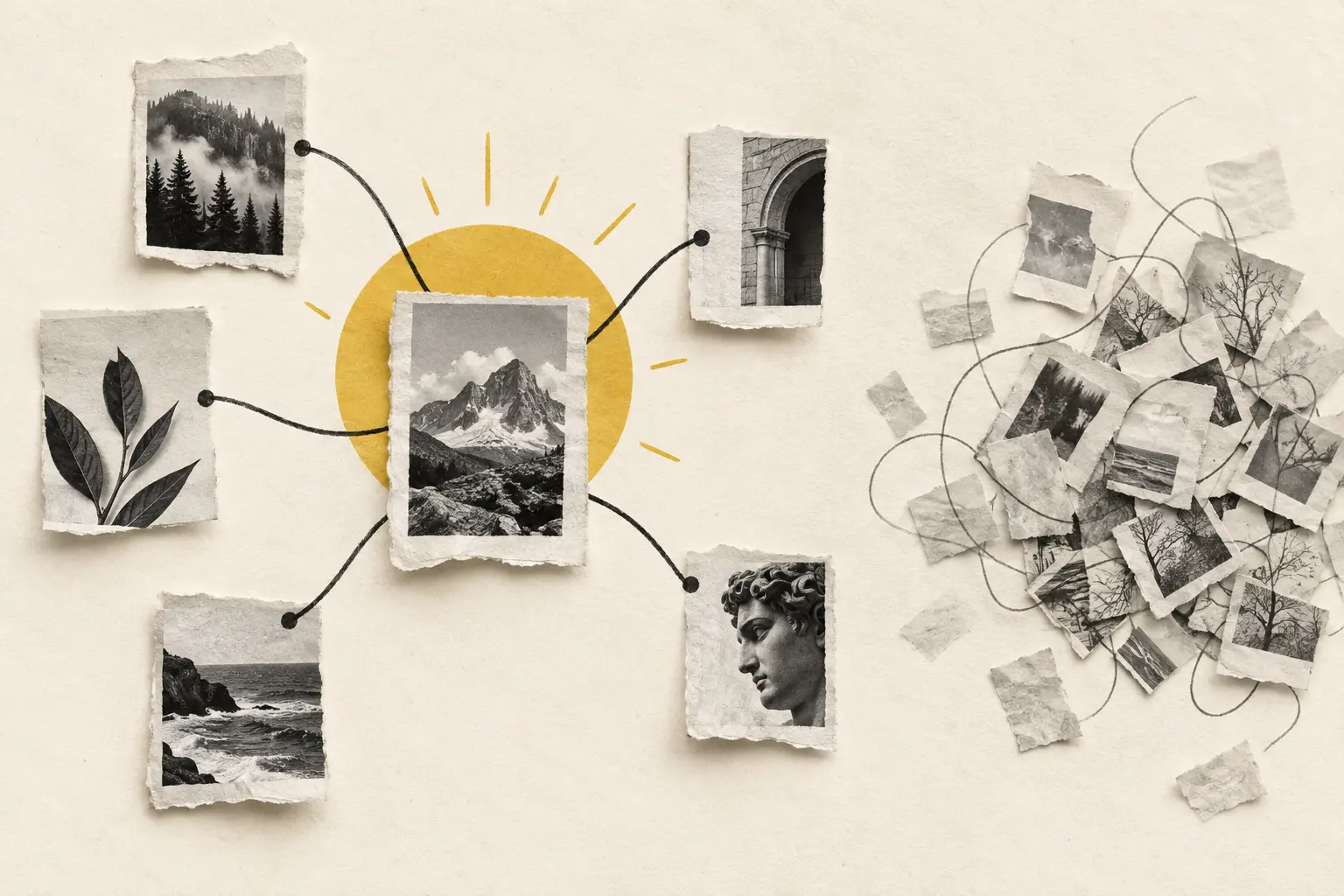 A few relevant paper fragments connect clearly to one central source while a tangled pile of indiscriminate links sits apart