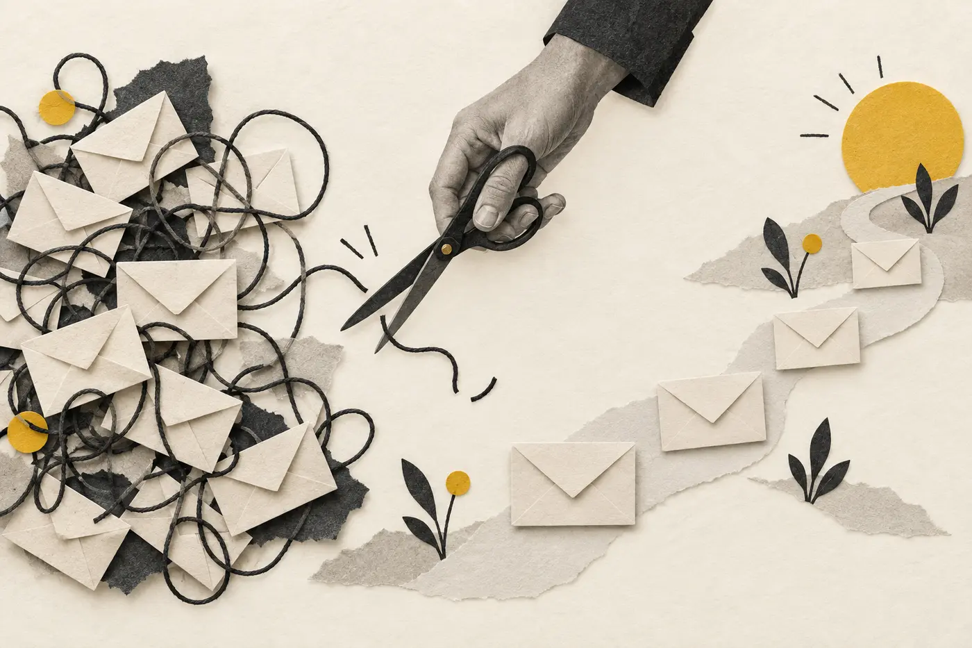 Paper-cut illustration of tangled envelopes being pruned into a clear path