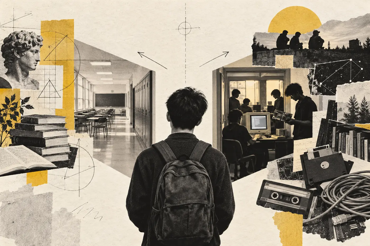 Editorial collage of a teenager choosing between a classroom path and an early-computing path
