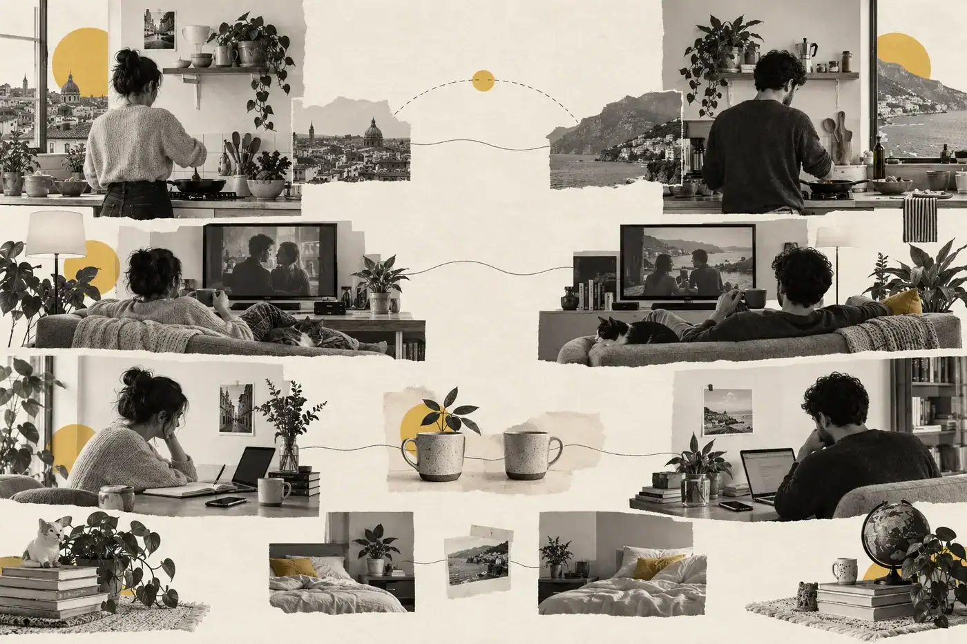 Editorial collage of two people sharing parallel routines of cooking, watching television and working from separate homes