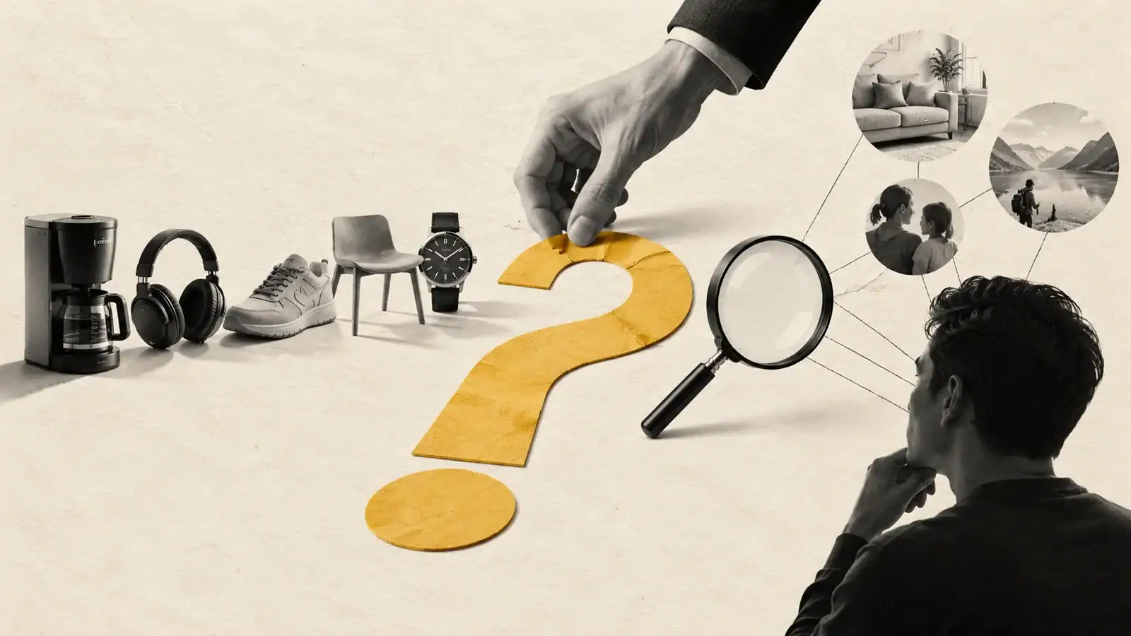 Conceptual illustration of AI shopping assistants: everyday products, a question mark, and a person considering purchase needs.