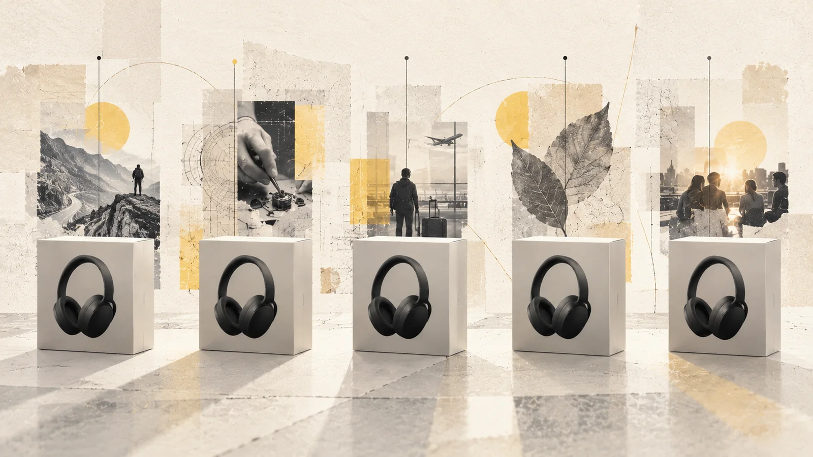 Five identical headphone boxes before subtle scenes of engineering, travel, nature, and community, representing the unseen value behind products.