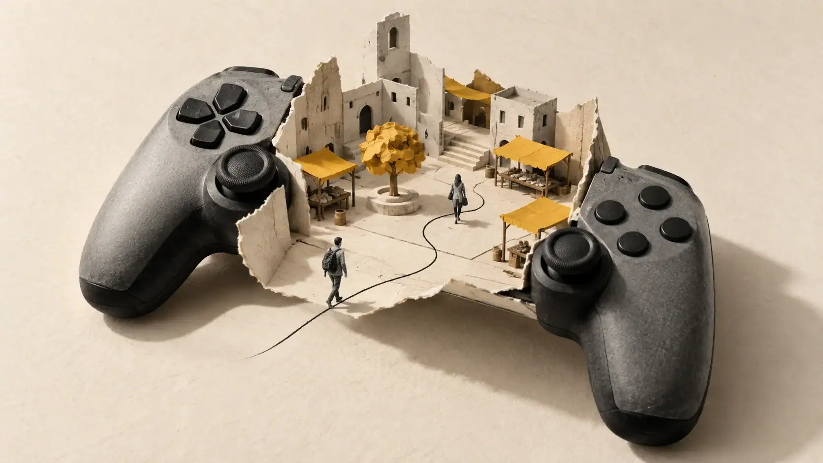 Conceptual illustration of a game controller opening into a paper market square, with two players following paths through the world.